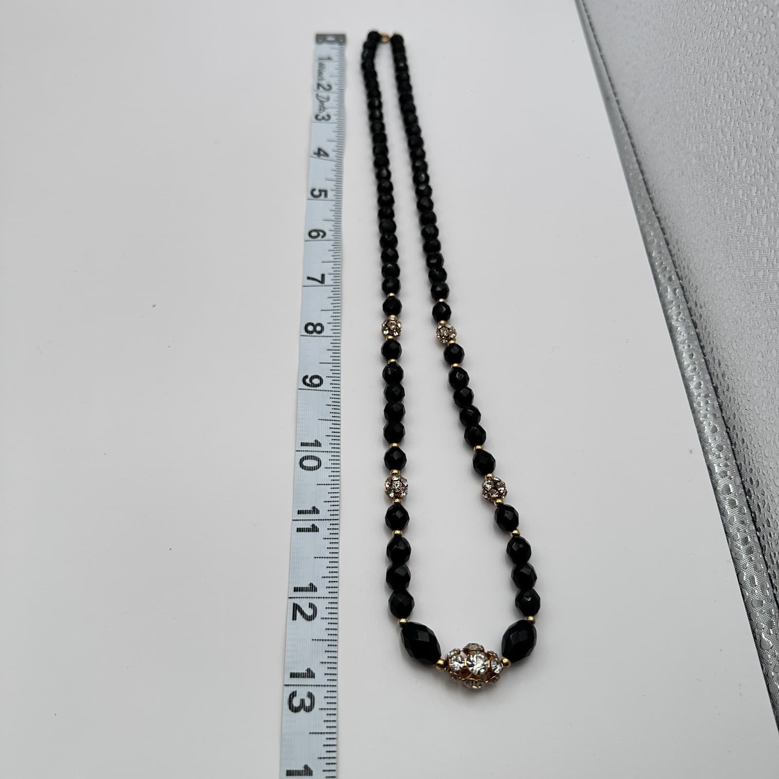Vintage 80s Black Bead Necklace Gold Tone Clear Glass Accents Fashion Jewelry - Thumbnail 10