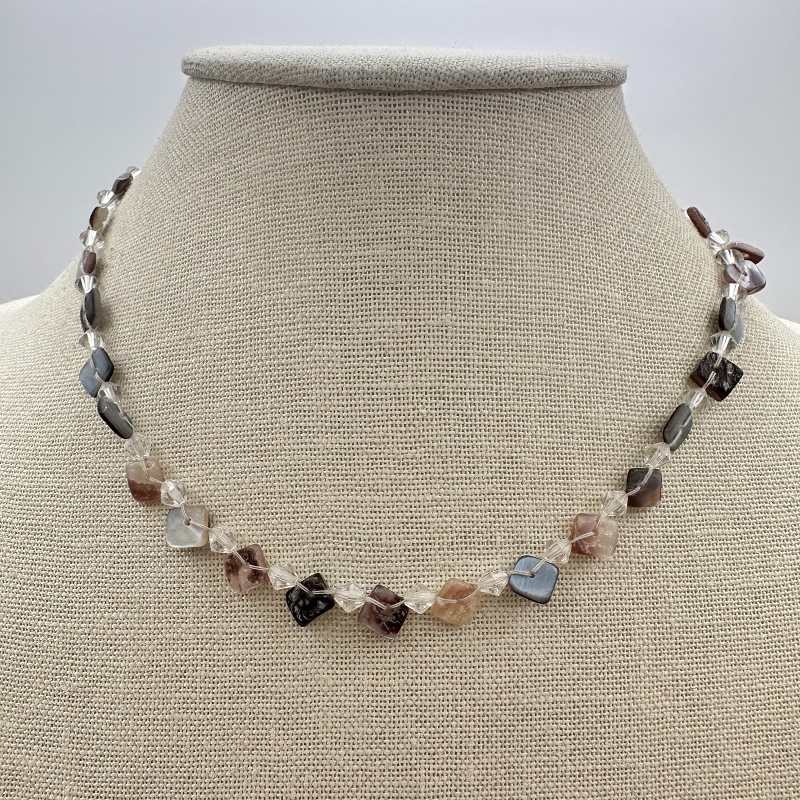 Vintage 90s Square Tile Shell Glass Beaded Choker Necklace Silver Tone Jewelry - Thumbnail 2