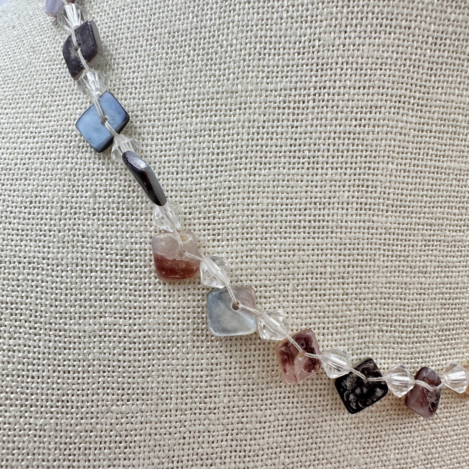 Vintage 90s Square Tile Shell Glass Beaded Choker Necklace Silver Tone Jewelry - Thumbnail 3