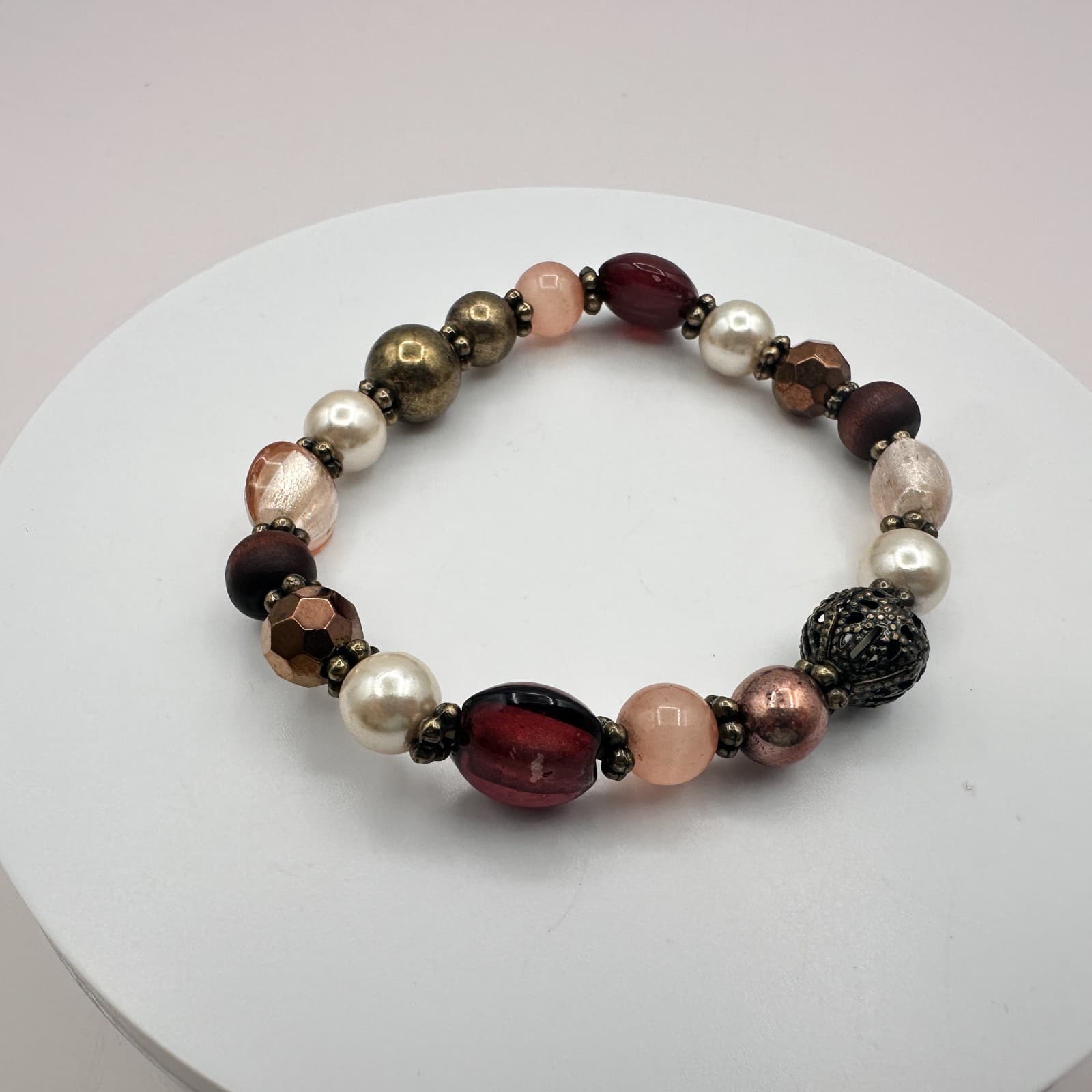 Vintage Y2K Earth Tones Faux Pearl Beaded Stretch Bracelet Women's Jewelry - Thumbnail 3