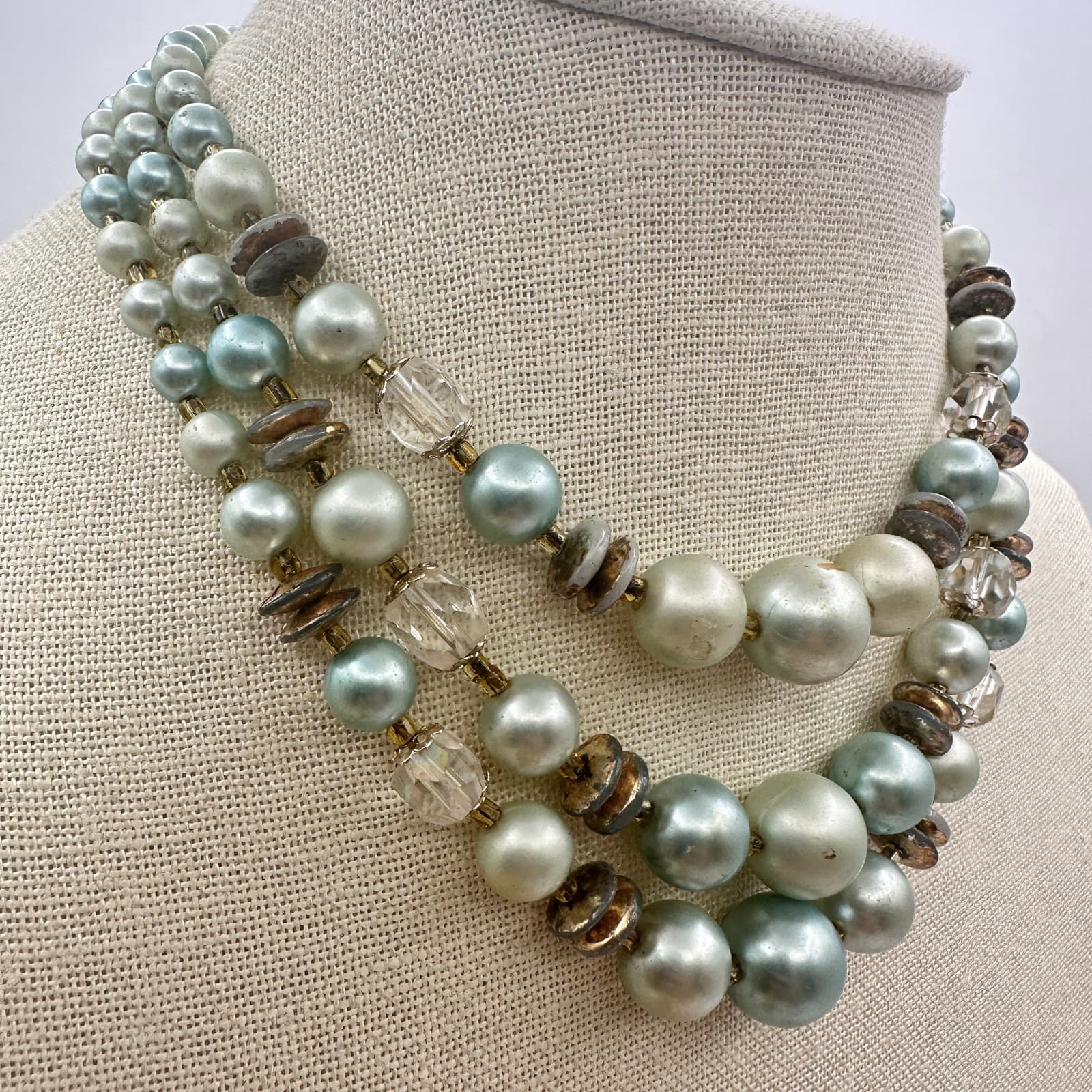 Vintage Y2K Multi Strand Faux Pearl Beaded Gold Tone Necklace Statement Jewelry - Thumbnail 2