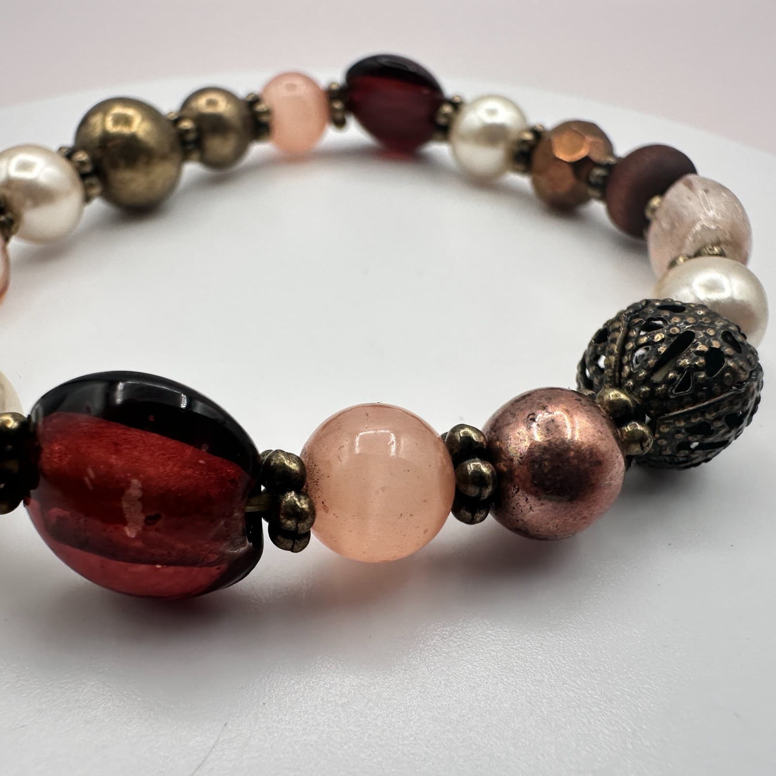Vintage Y2K Earth Tones Faux Pearl Beaded Stretch Bracelet Women's Jewelry - Thumbnail 5