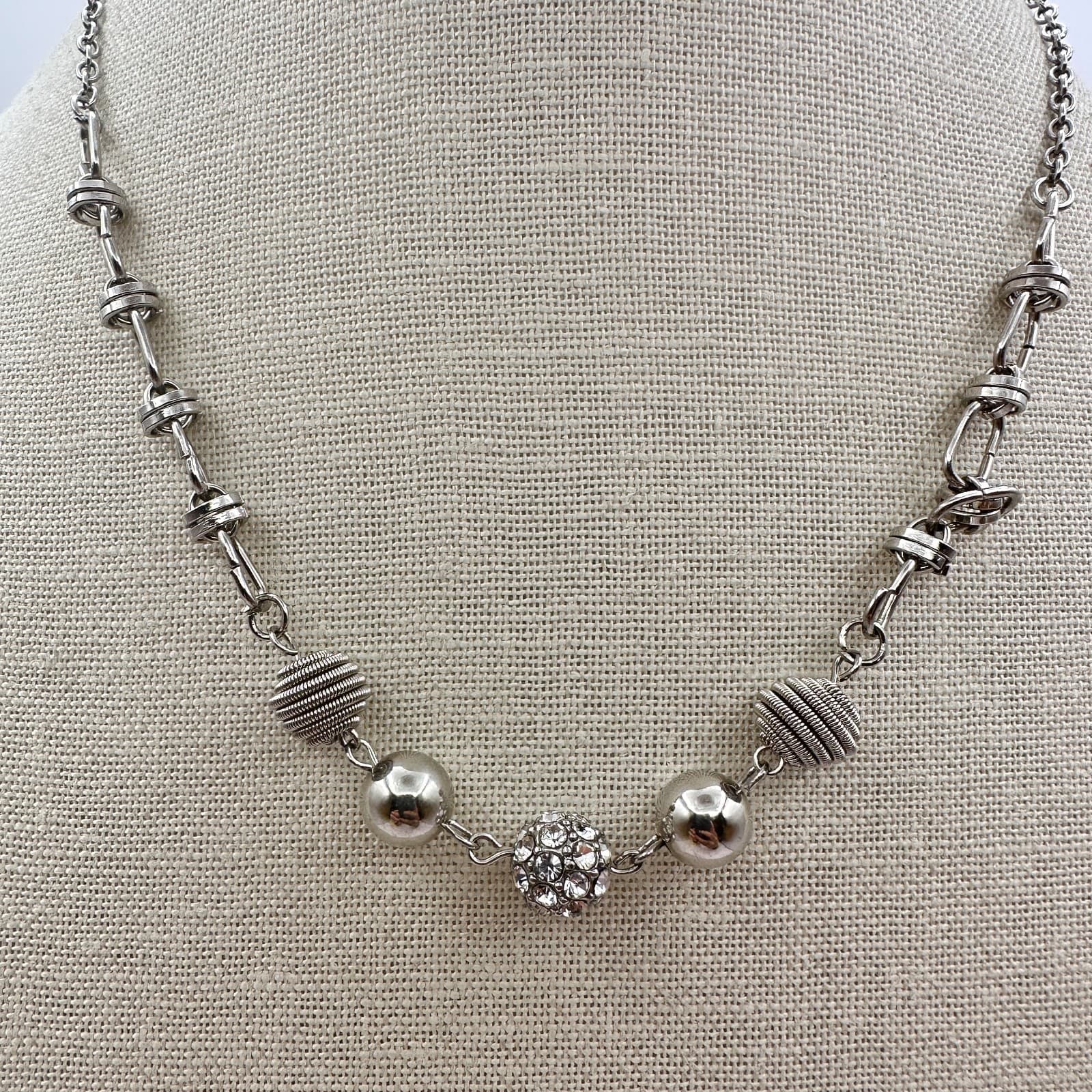 Vintage Y2K Clear Rhinestone Disco Ball Silver Tone Beaded Necklace Jewelry - Thumbnail 2