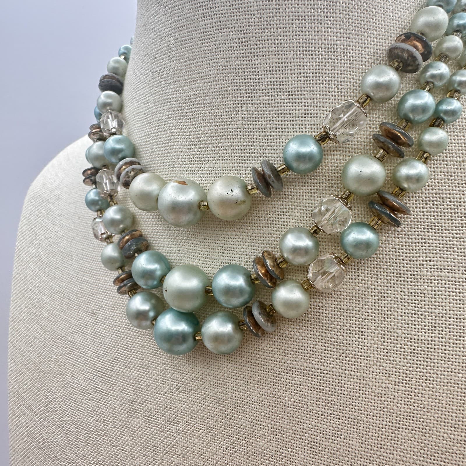 Vintage Y2K Multi Strand Faux Pearl Beaded Gold Tone Necklace Statement Jewelry - Thumbnail 5