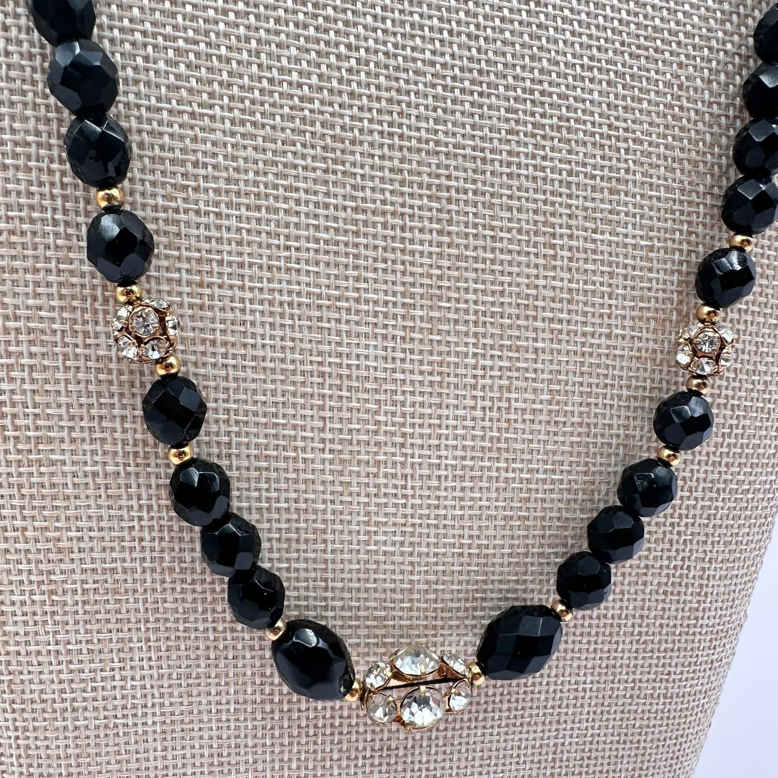 Vintage 80s Black Bead Necklace Gold Tone Clear Glass Accents Fashion Jewelry - Thumbnail 3