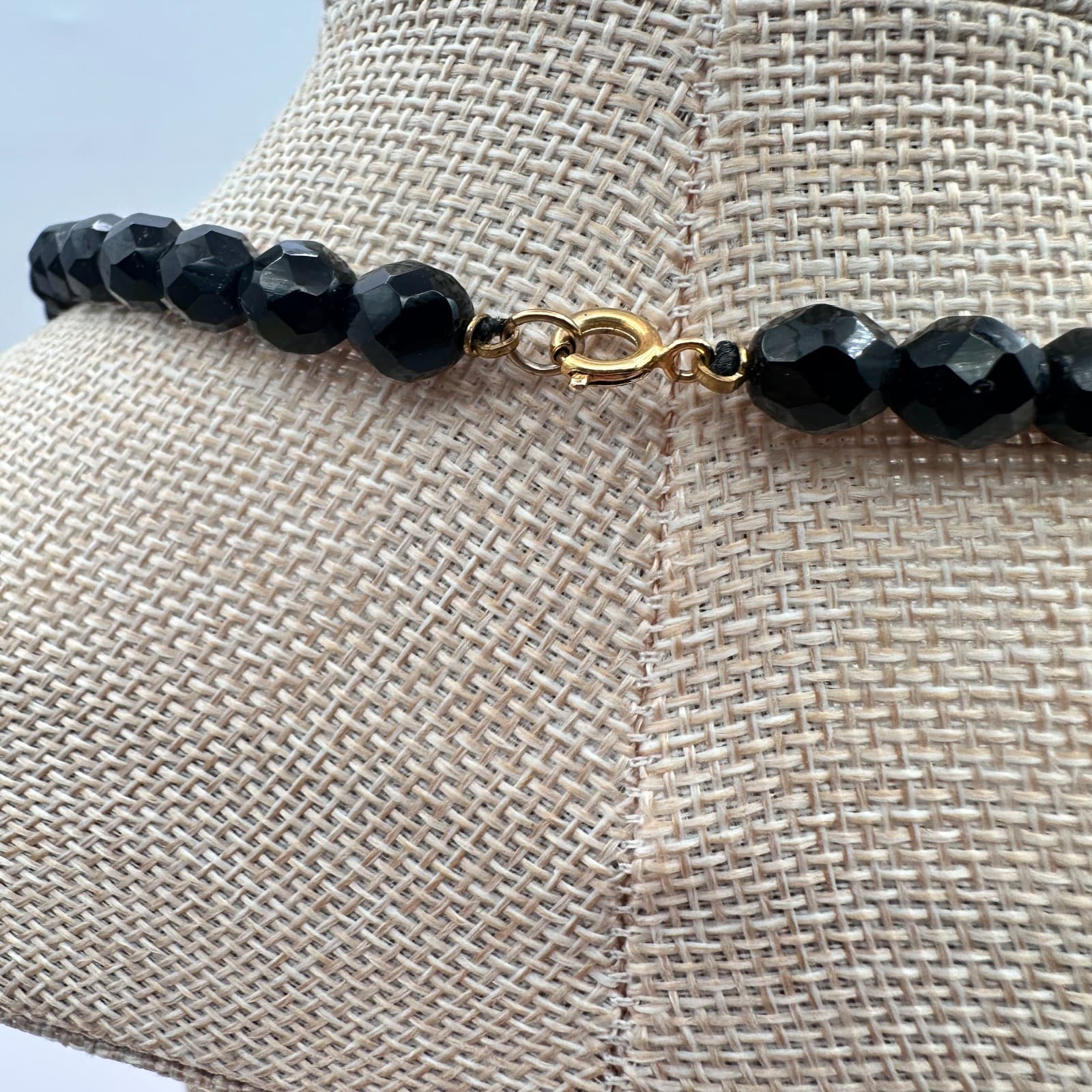 Vintage 80s Black Bead Necklace Gold Tone Clear Glass Accents Fashion Jewelry - Thumbnail 9