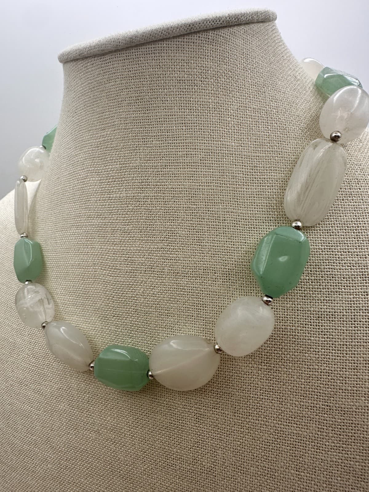 Vintage Y2K Silver Tone Aventurine Quartz Beaded Statement Necklace Boho Jewelry - Thumbnail 6