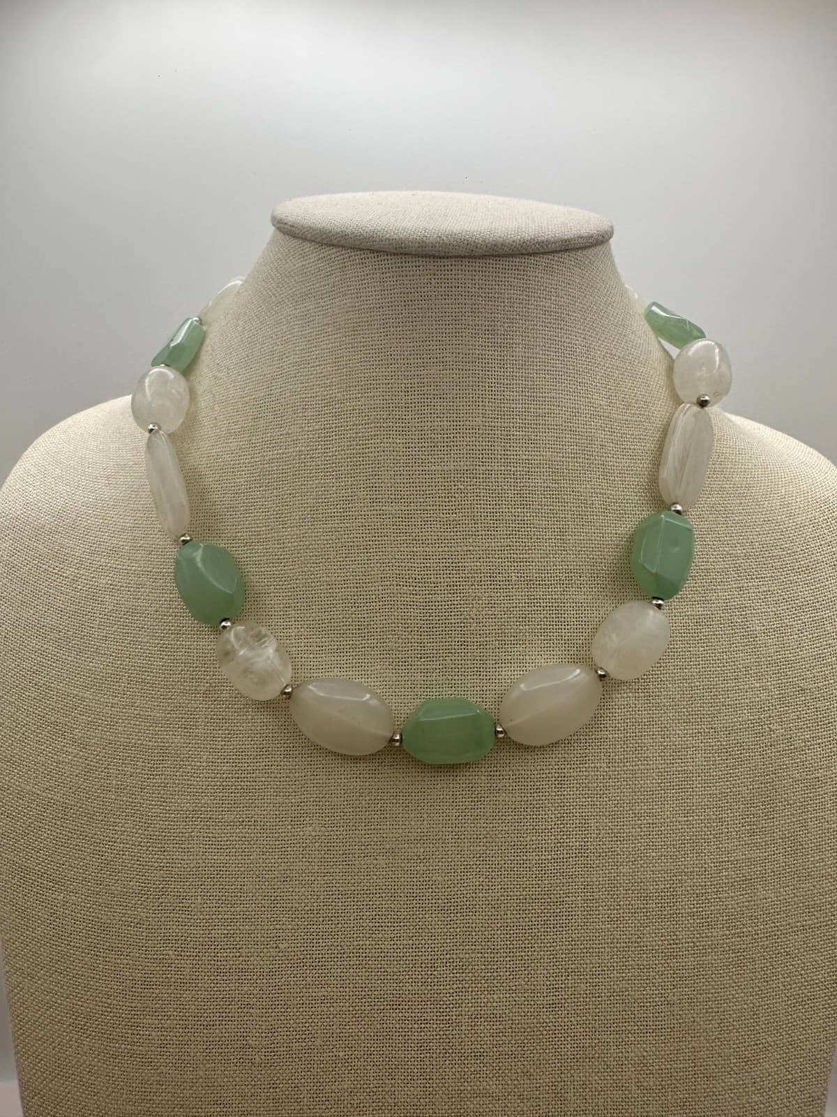 Vintage Y2K Silver Tone Aventurine Quartz Beaded Statement Necklace Boho Jewelry - Thumbnail 7