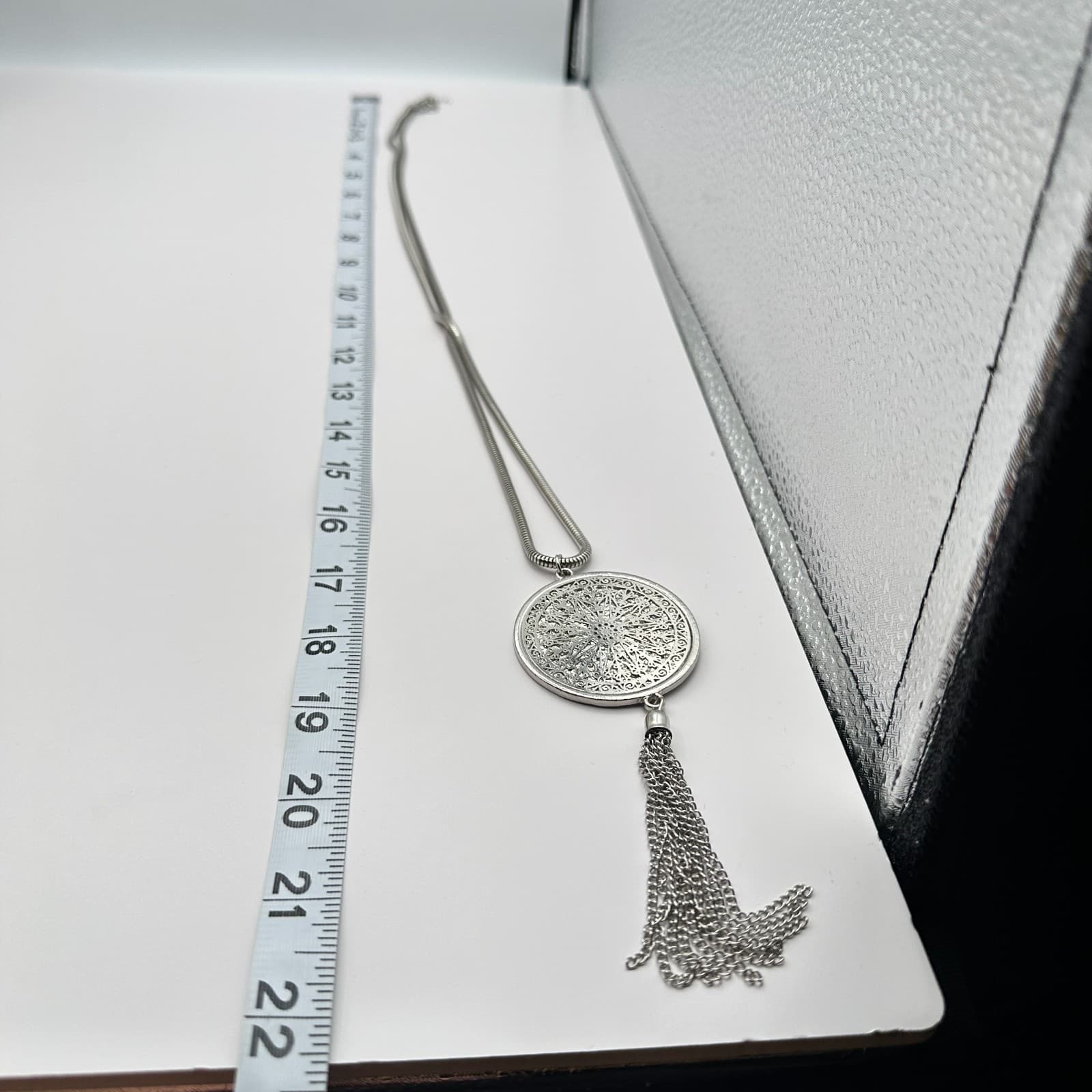Vintage 90s Silver Tone Filigree Medallion Tassel Necklace Snake Chain Jewelry - Thumbnail 6