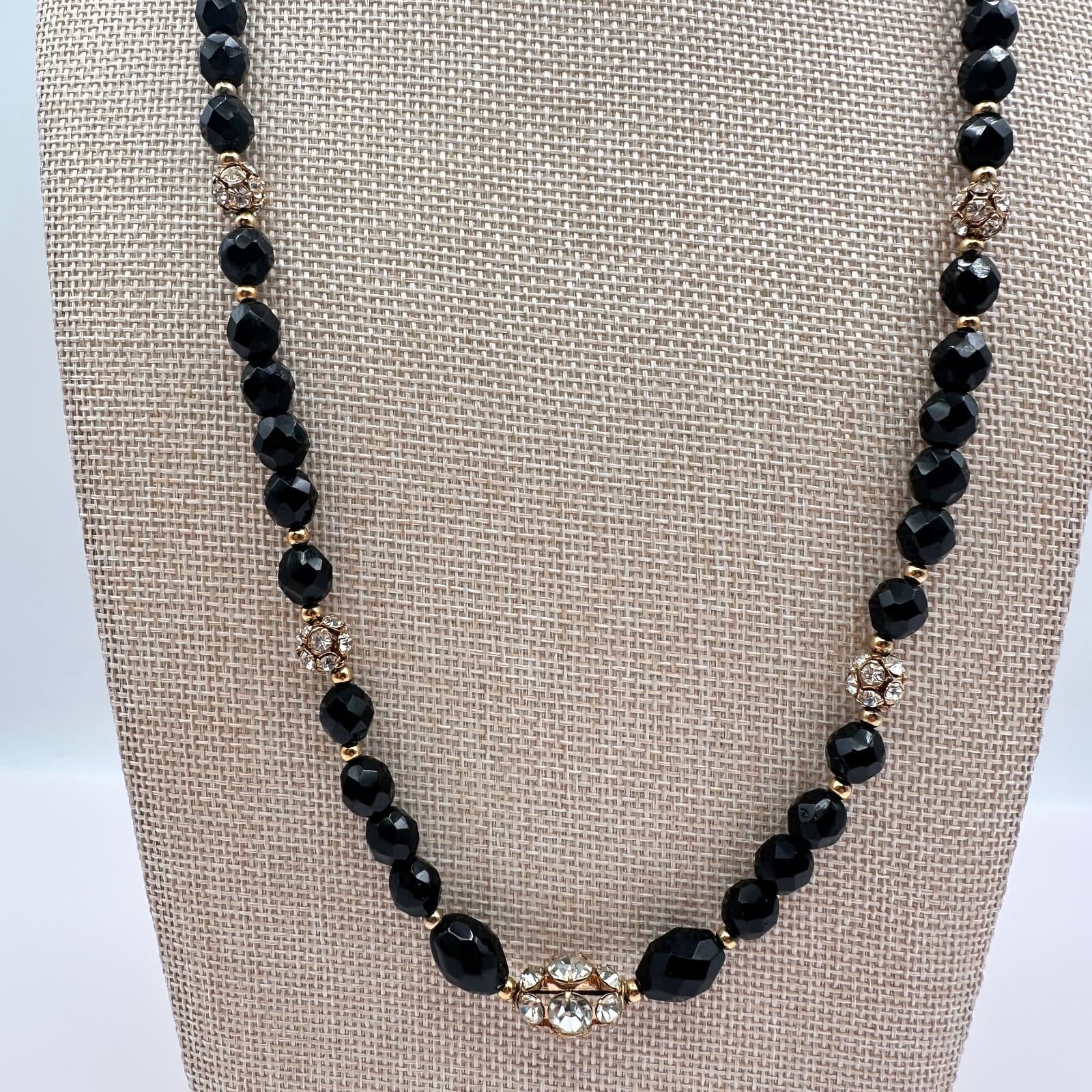 Vintage 80s Black Bead Necklace Gold Tone Clear Glass Accents Fashion Jewelry - Thumbnail 2