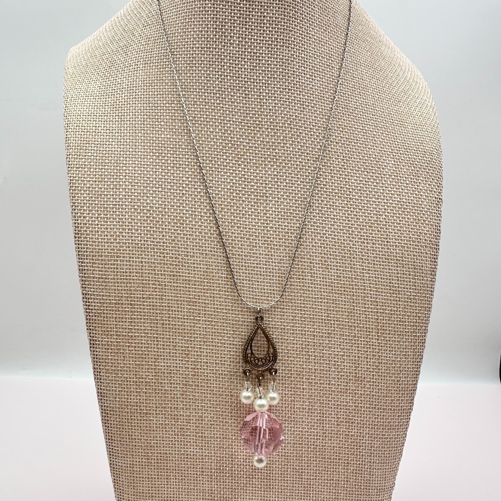 Vintage 90s Silver Tone Faux Pearl Pink Glass Teardrop Pendant Necklace Jewelry - Thumbnail 3