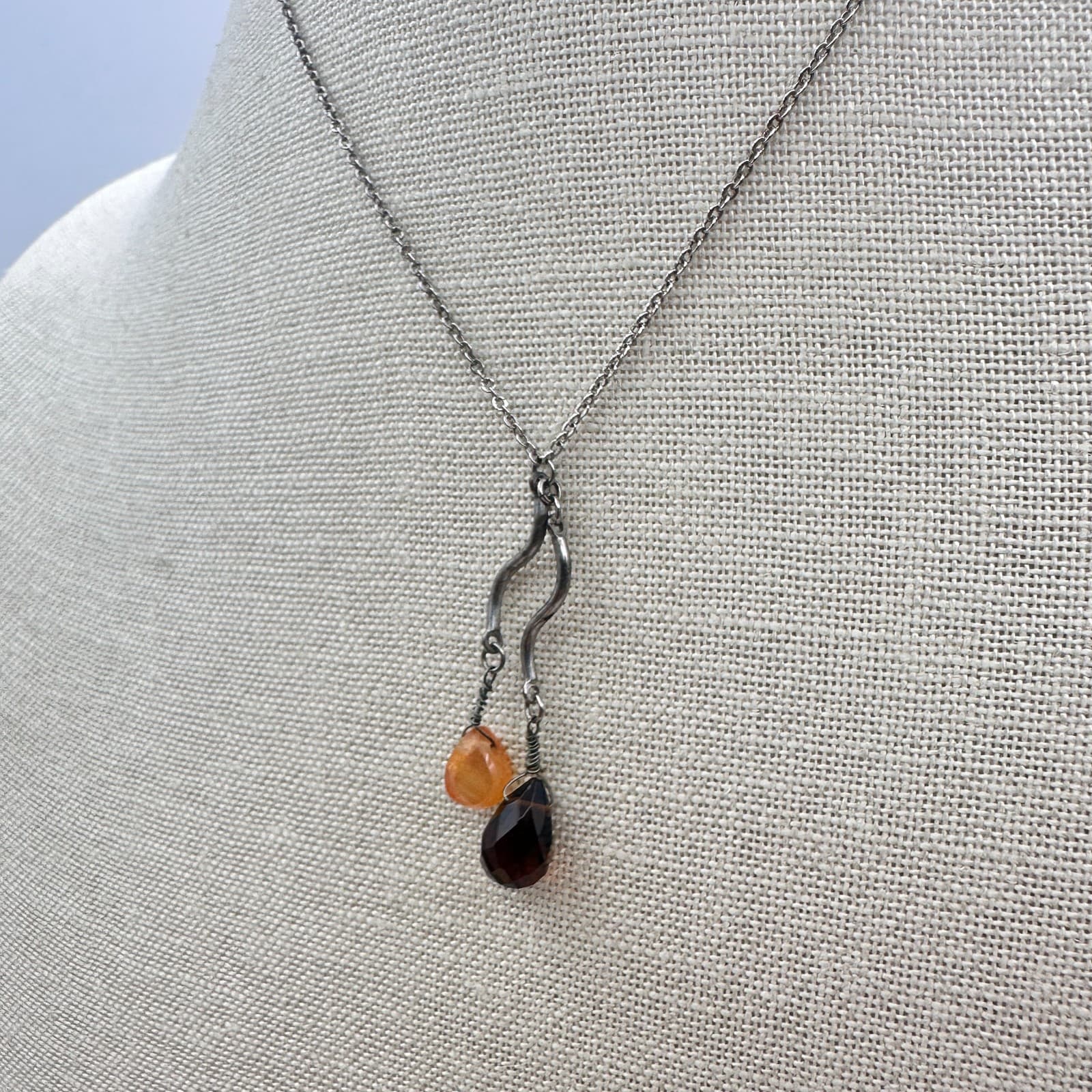 Vintage 90s Silver Tone Smoky Quartz Amber Drop Beaded Pendant Necklace Boho - Thumbnail 5