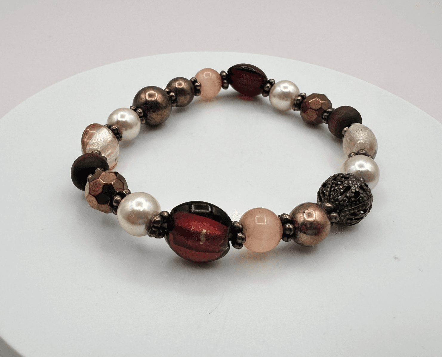 Vintage Y2K Earth Tones Faux Pearl Beaded Stretch Bracelet Women's Jewelry - Thumbnail 2