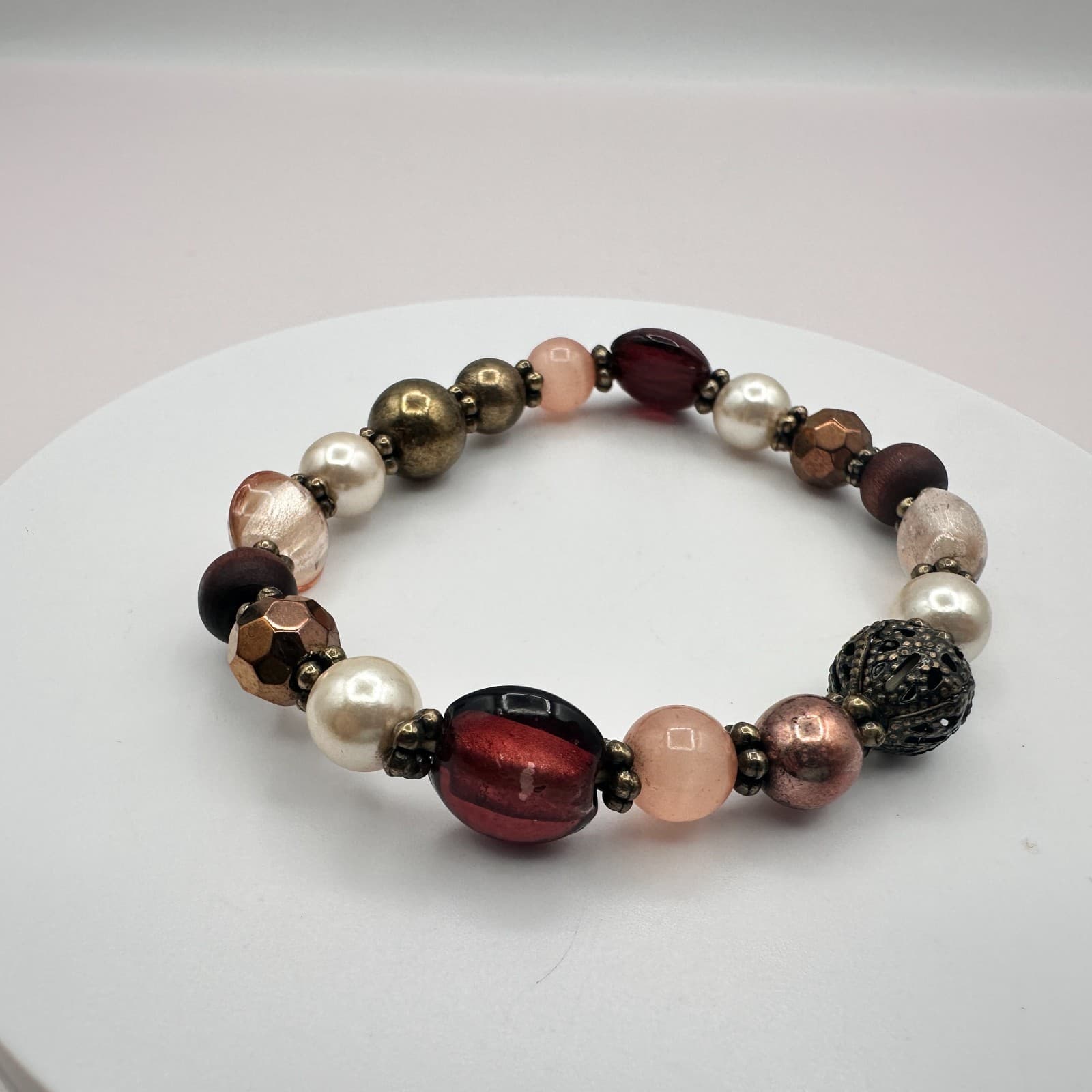 Vintage Y2K Earth Tones Faux Pearl Beaded Stretch Bracelet Women's Jewelry - Thumbnail 7