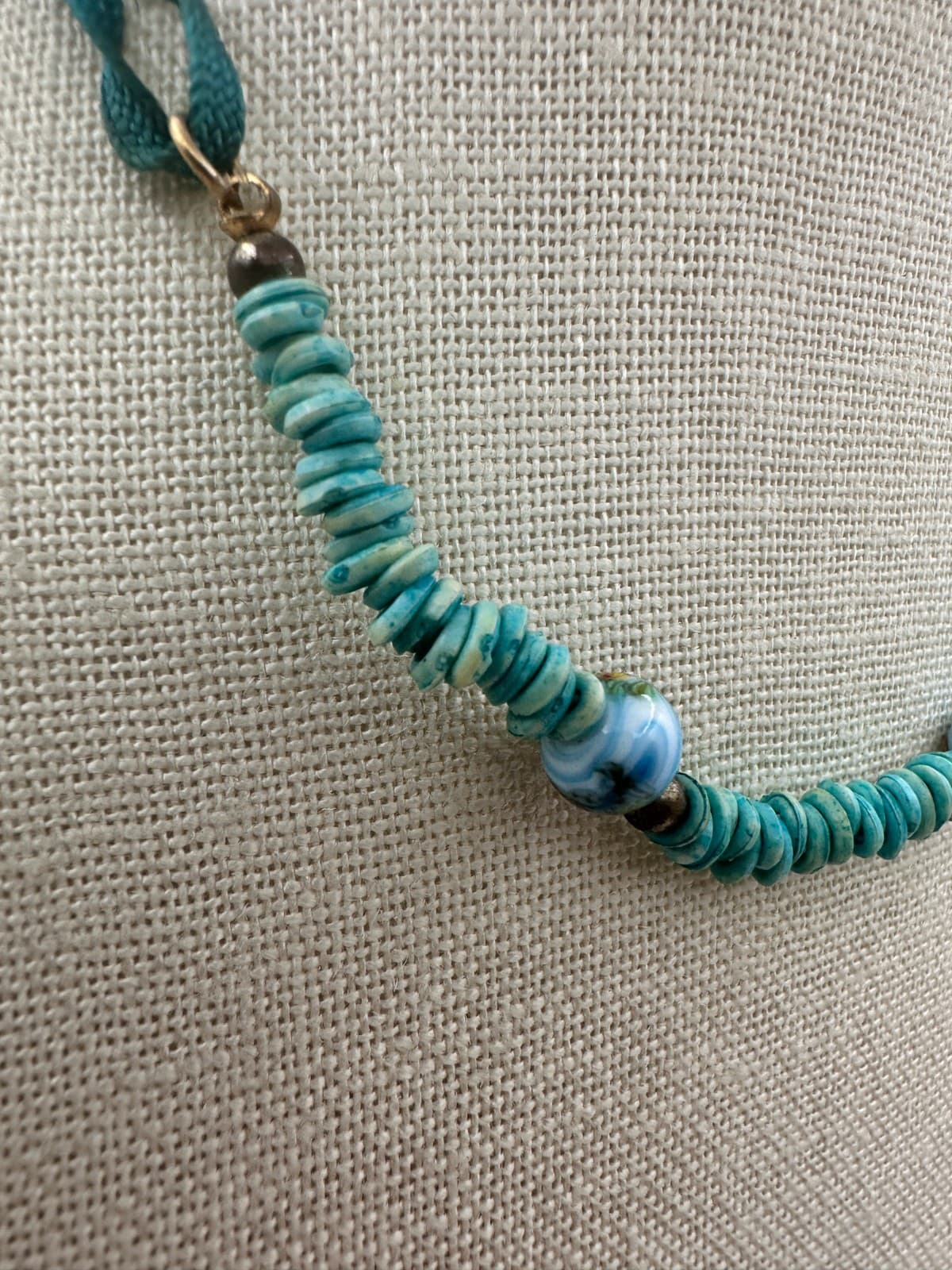 Vintage Y2K Turquoise Heishi Beaded Choker Necklace Blue Millefiori Boho Jewelry - Thumbnail 4