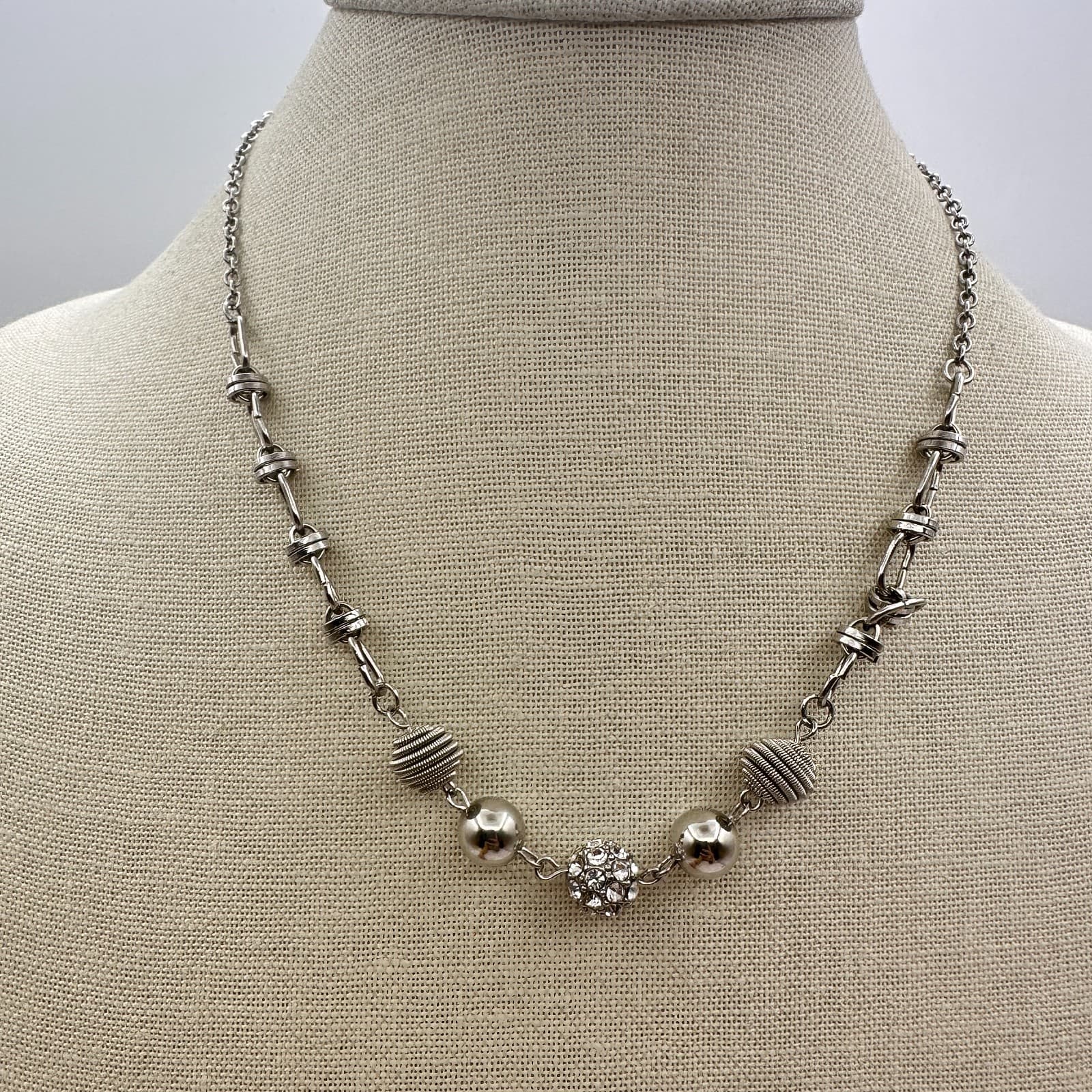 Vintage Y2K Clear Rhinestone Disco Ball Silver Tone Beaded Necklace Jewelry - Thumbnail 7