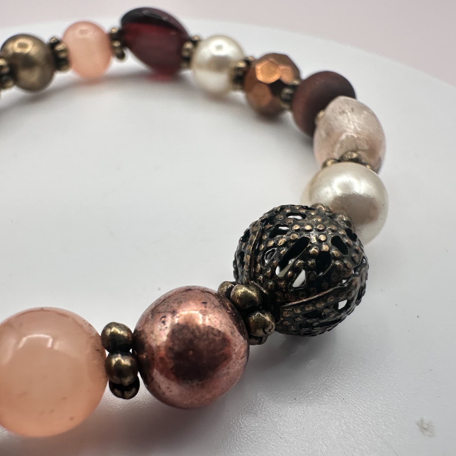 Vintage Y2K Earth Tones Faux Pearl Beaded Stretch Bracelet Women's Jewelry - Thumbnail 6