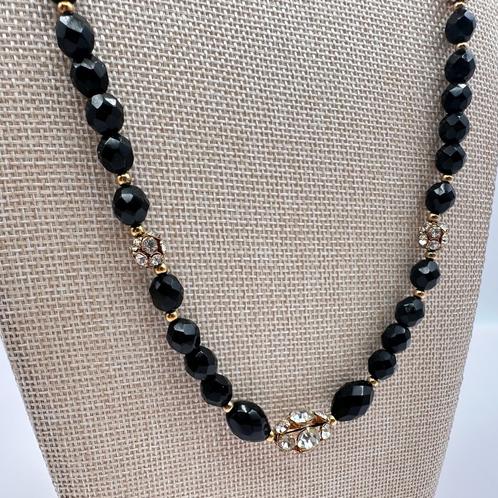 Vintage 80s Black Bead Necklace Gold Tone Clear Glass Accents Fashion Jewelry - Thumbnail 6