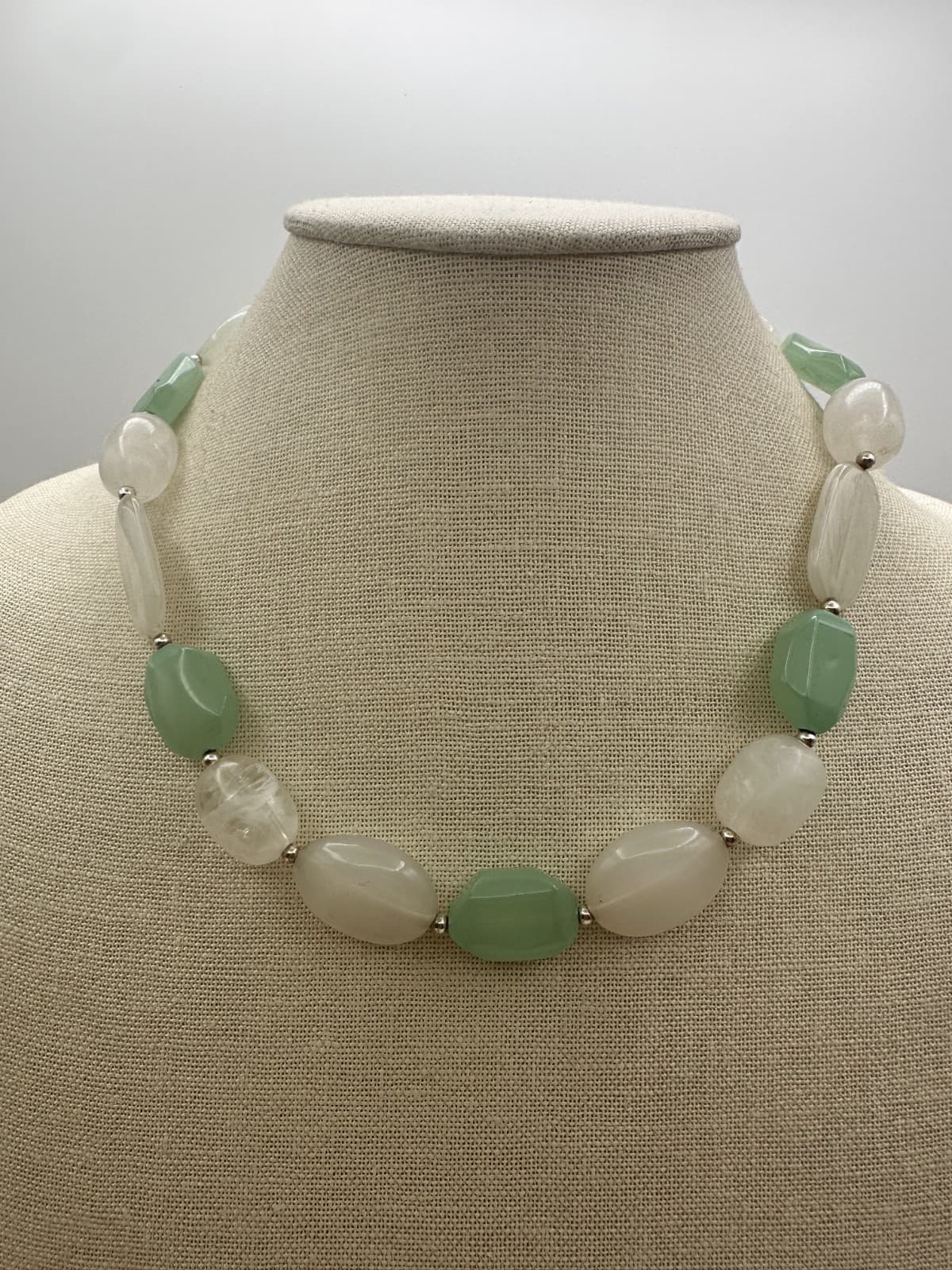 Vintage Y2K Silver Tone Aventurine Quartz Beaded Statement Necklace Boho Jewelry