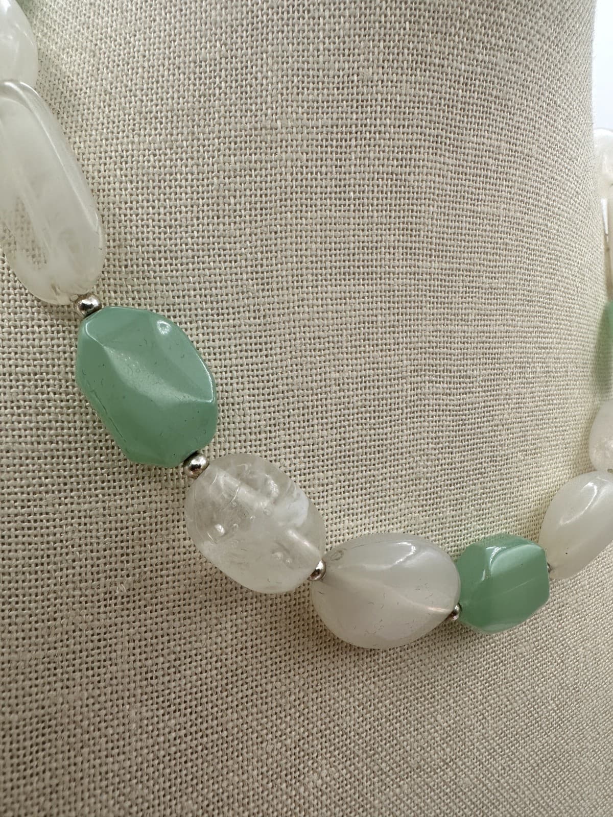 Vintage Y2K Silver Tone Aventurine Quartz Beaded Statement Necklace Boho Jewelry - Thumbnail 3
