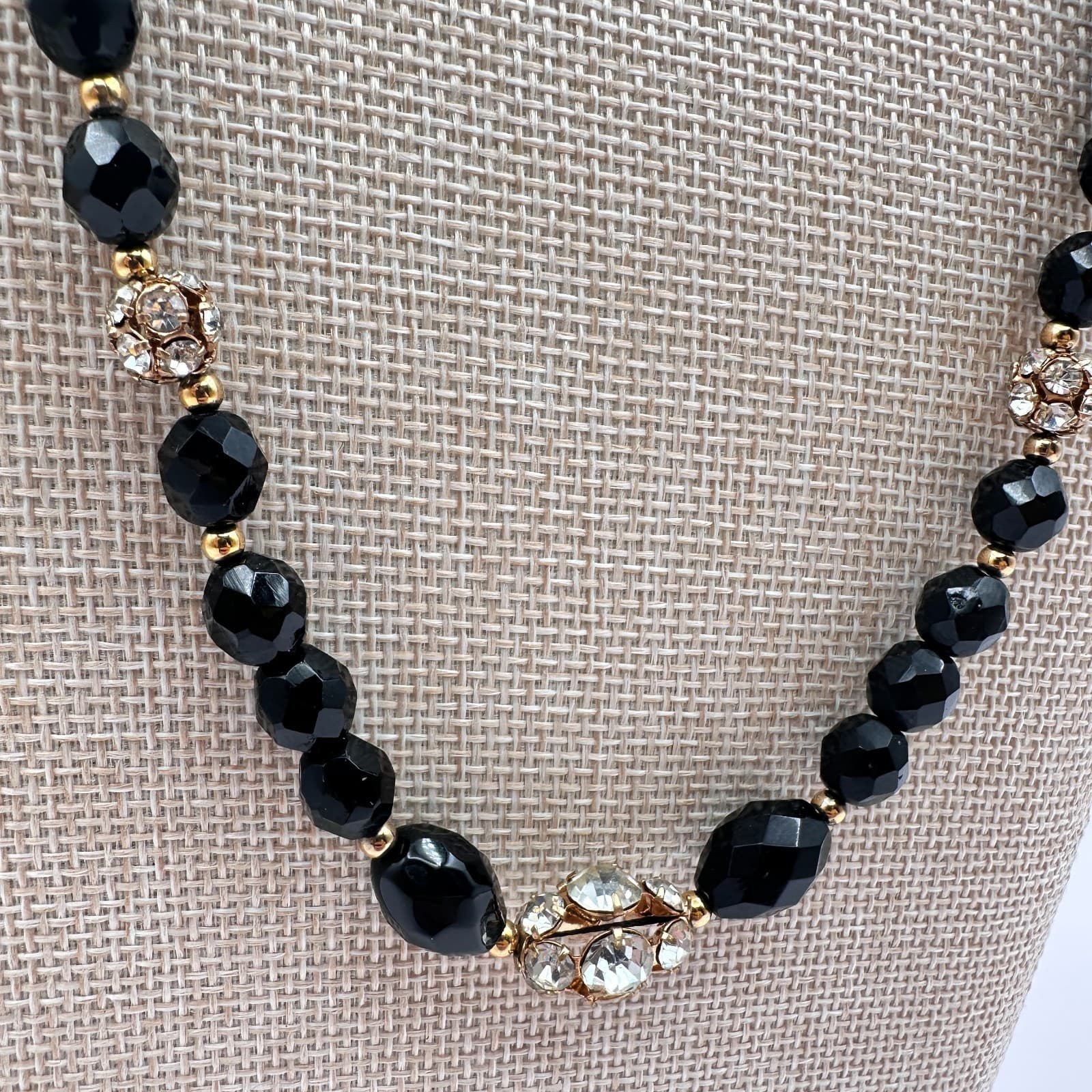 Vintage 80s Black Bead Necklace Gold Tone Clear Glass Accents Fashion Jewelry - Thumbnail 4