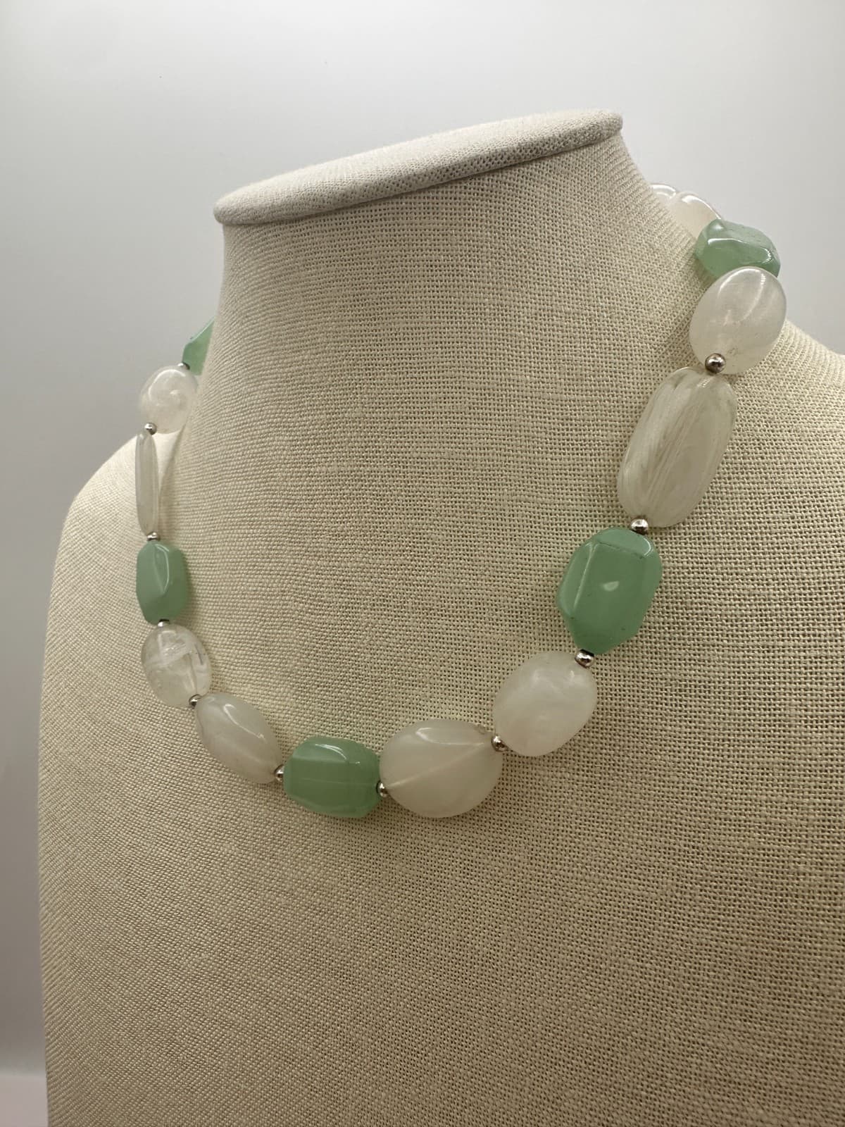 Vintage Y2K Silver Tone Aventurine Quartz Beaded Statement Necklace Boho Jewelry - Thumbnail 5