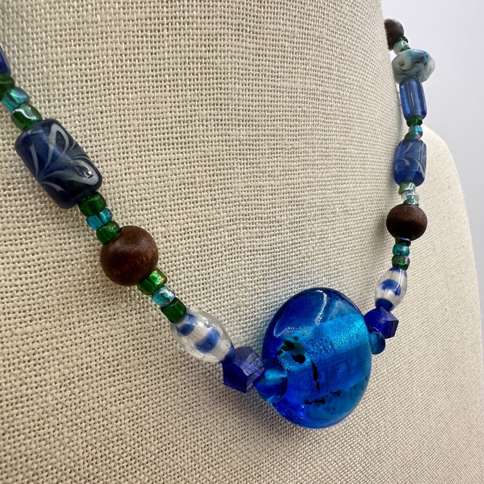Vintage 90s Chunky Glass Beaded Necklace Boho Statement Women's Classic Jewelry - Thumbnail 2