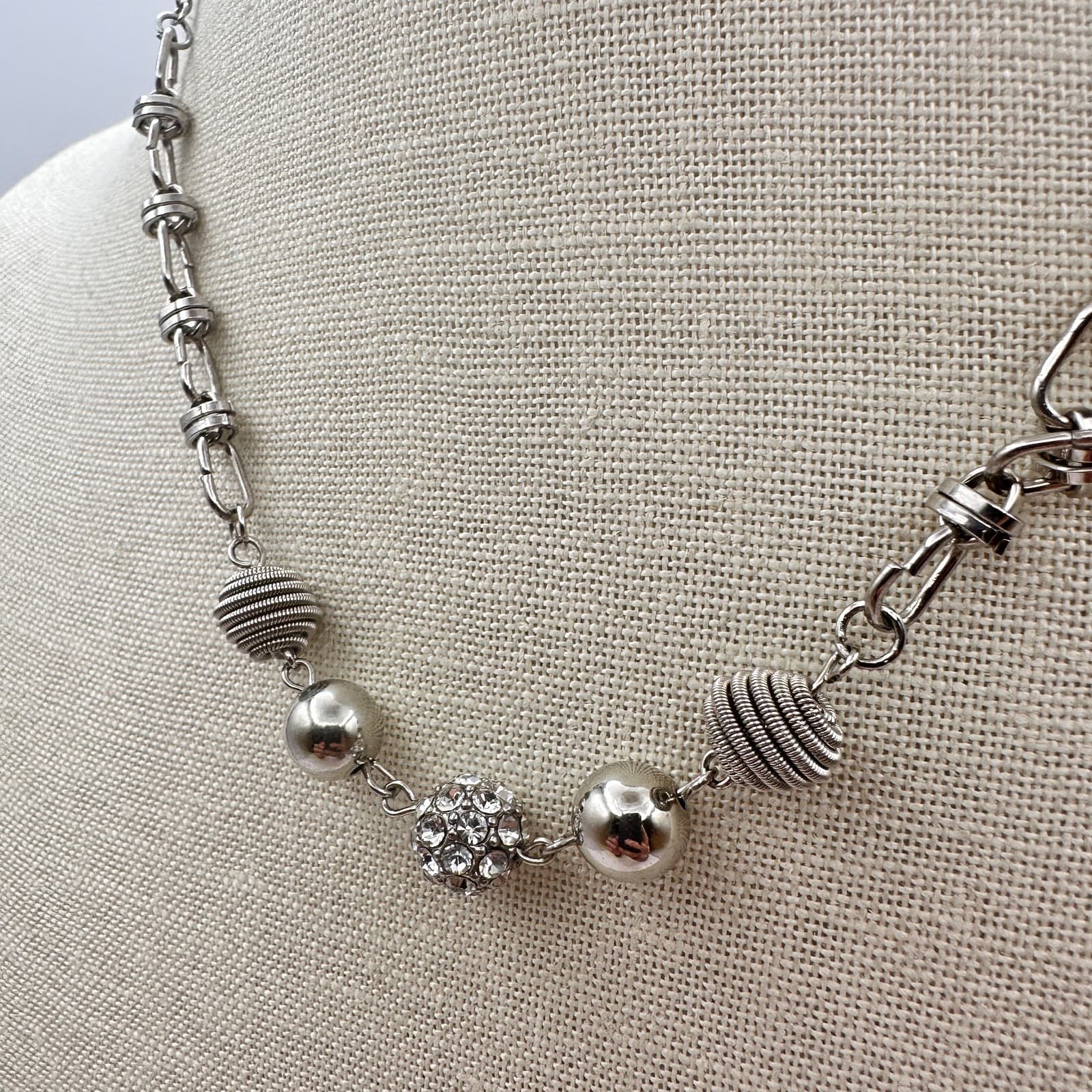 Vintage Y2K Clear Rhinestone Disco Ball Silver Tone Beaded Necklace Jewelry - Thumbnail 4