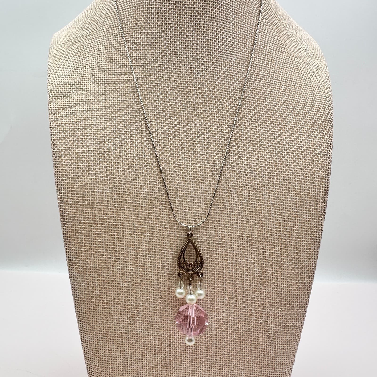 Vintage 90s Silver Tone Faux Pearl Pink Glass Teardrop Pendant Necklace Jewelry - Thumbnail 5