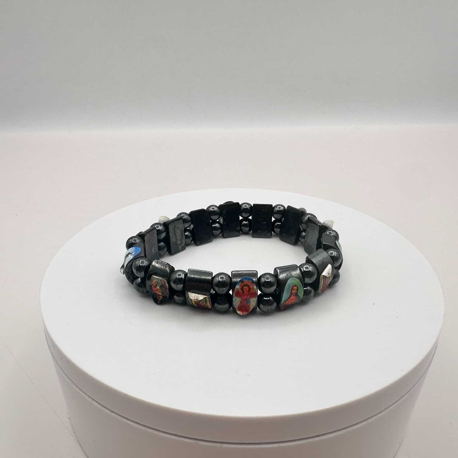 Vintage 80s Black Hematite Religious Catholic Icons Stretch Bracelet Jewelry - Thumbnail 6