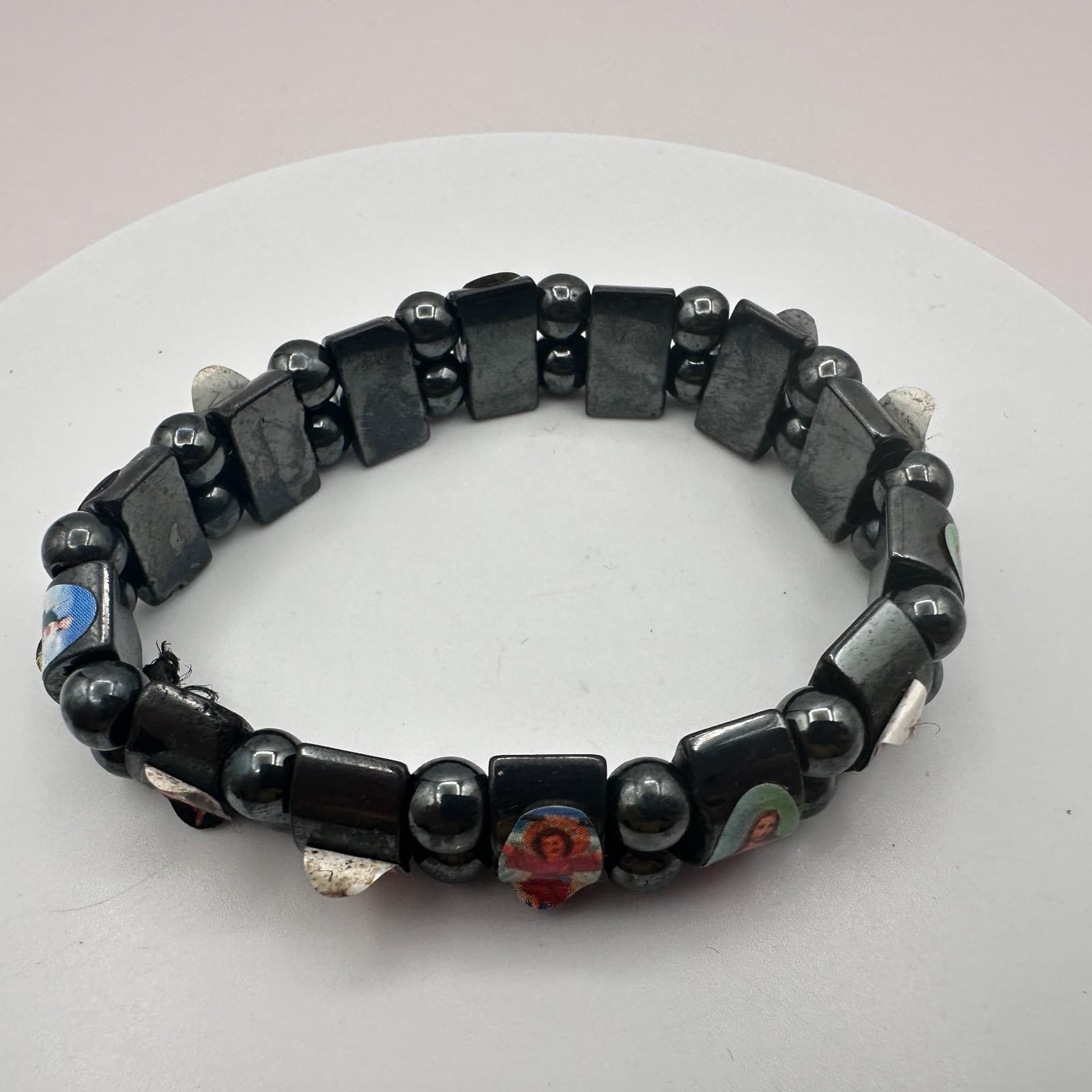 Vintage 80s Black Hematite Religious Catholic Icons Stretch Bracelet Jewelry - Thumbnail 3