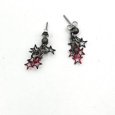 Vintage 90s Punk Silver & Red Hollow Star Cluster Dangle Stud Earrings Jewelry