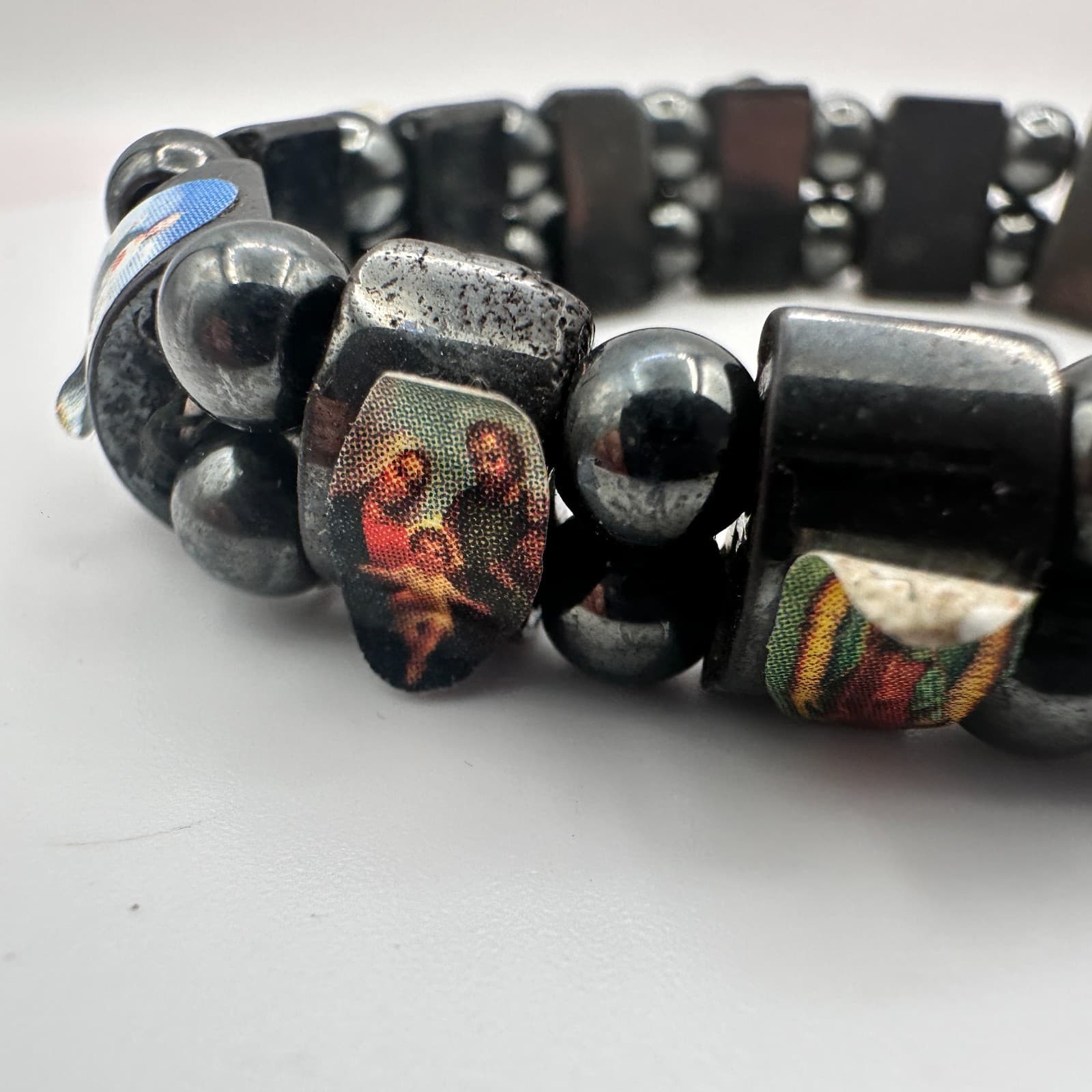 Vintage 80s Black Hematite Religious Catholic Icons Stretch Bracelet Jewelry - Thumbnail 4