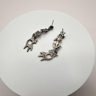 Vintage 80s Silver Tone Three Tiered Cat Dangle Stud Drop Earrings Retro Jewelry - Thumbnail 5