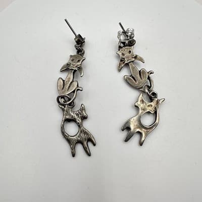 Vintage 80s Silver Tone Three Tiered Cat Dangle Stud Drop Earrings Retro Jewelry - Thumbnail 2