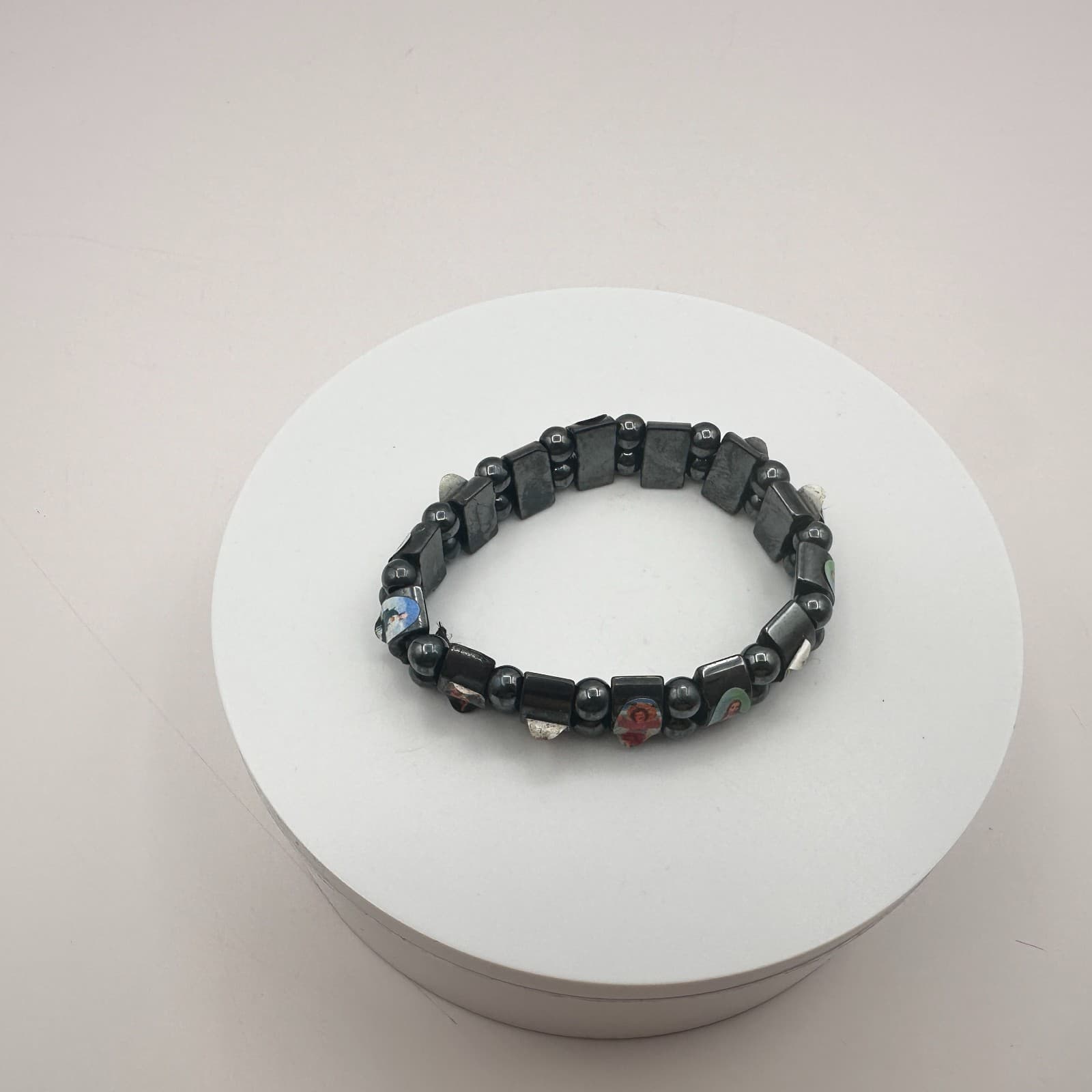 Vintage 80s Black Hematite Religious Catholic Icons Stretch Bracelet Jewelry - Thumbnail 7