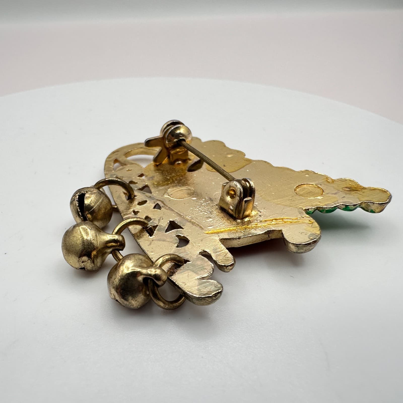 Vintage 90s Enamel Christmas Tree Brooch Jingle Bells Rhinestone Pin Jewelry - Thumbnail 4