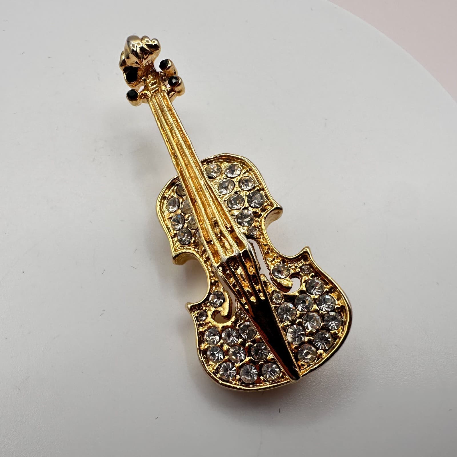 Vintage 90s Gold Tone Pave Clear Rhinestone Violin Musical Brooch Pin Jewelry - Thumbnail 6
