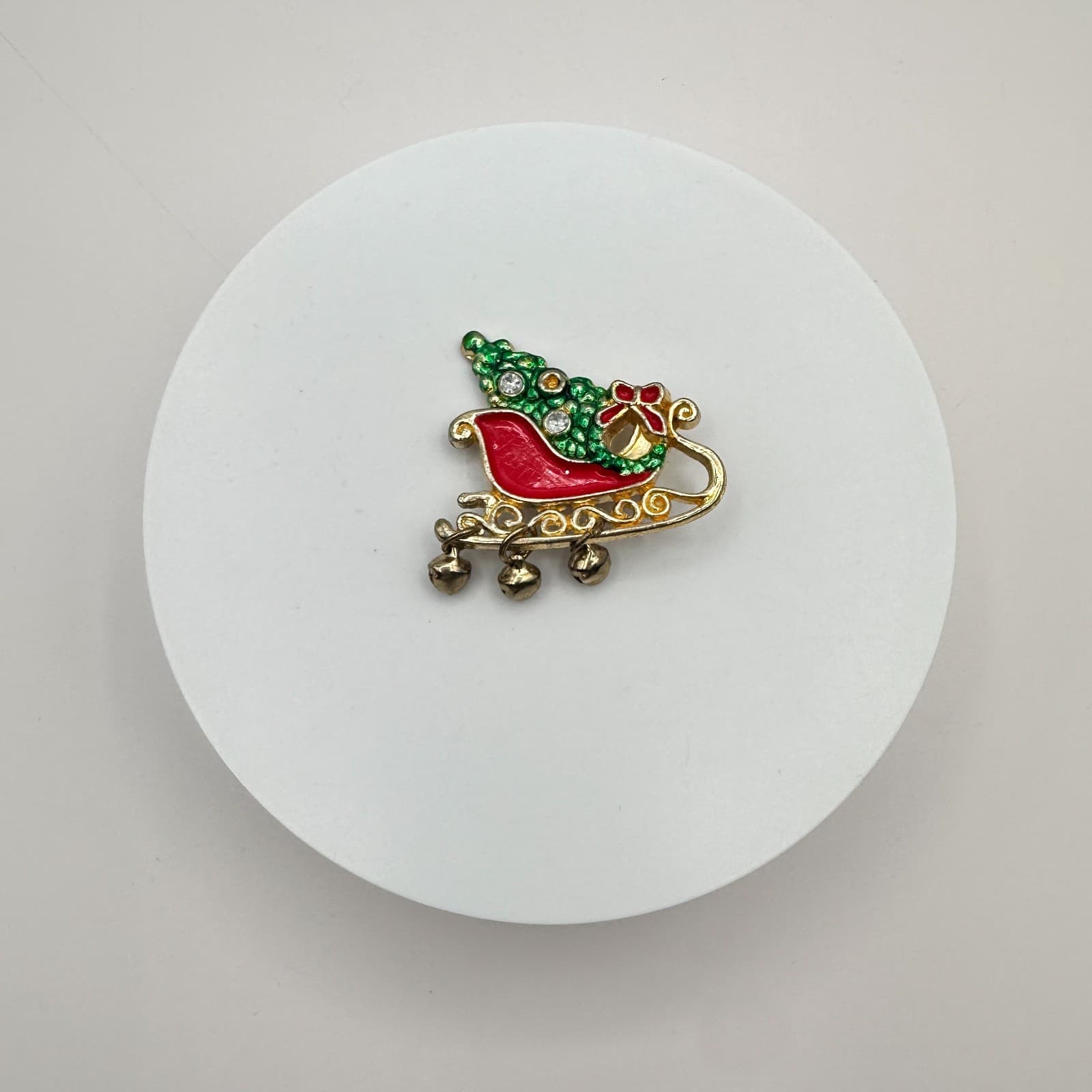 Vintage 90s Enamel Christmas Tree Brooch Jingle Bells Rhinestone Pin Jewelry - Thumbnail 2