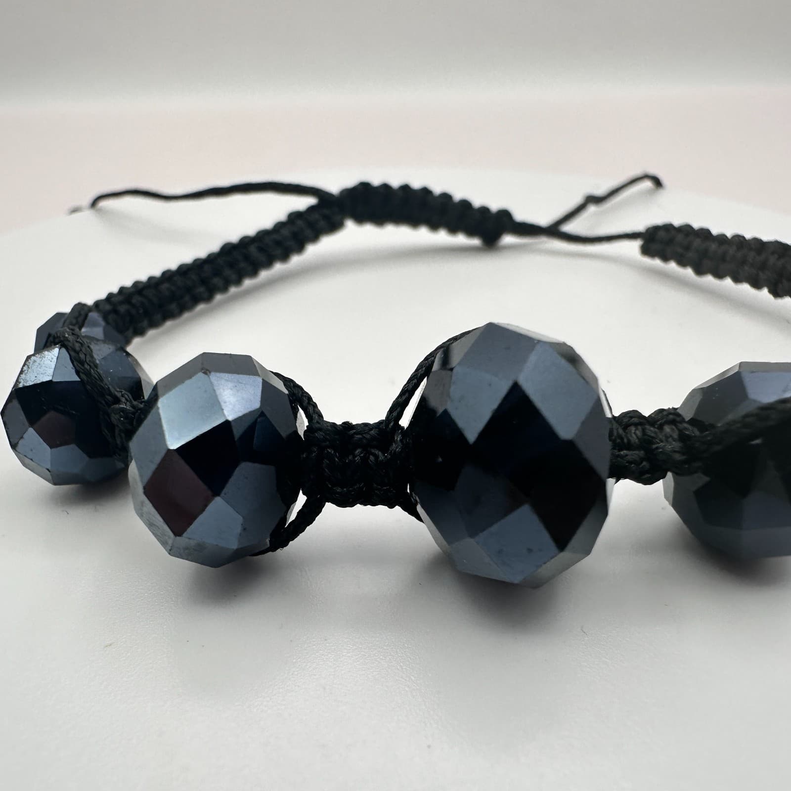 Vintage 90s Black Glass Beaded Macrame Bracelet Boho Classic Fashion Jewelry - Thumbnail 4