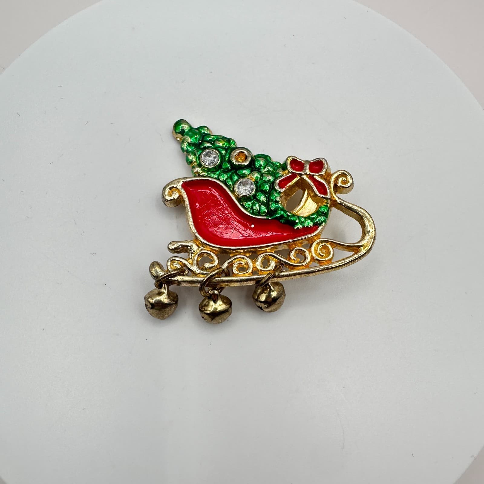 Vintage 90s Enamel Christmas Tree Brooch Jingle Bells Rhinestone Pin Jewelry - Thumbnail 3