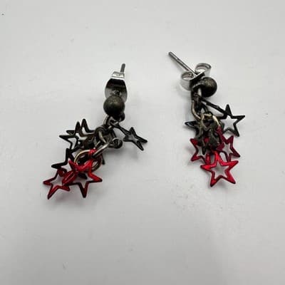 Vintage 90s Punk Silver & Red Hollow Star Cluster Dangle Stud Earrings Jewelry - Thumbnail 2