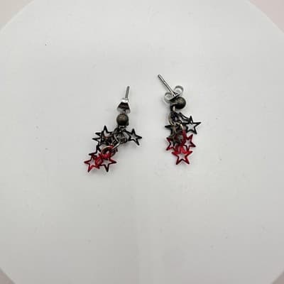 Vintage 90s Punk Silver & Red Hollow Star Cluster Dangle Stud Earrings Jewelry - Thumbnail 3