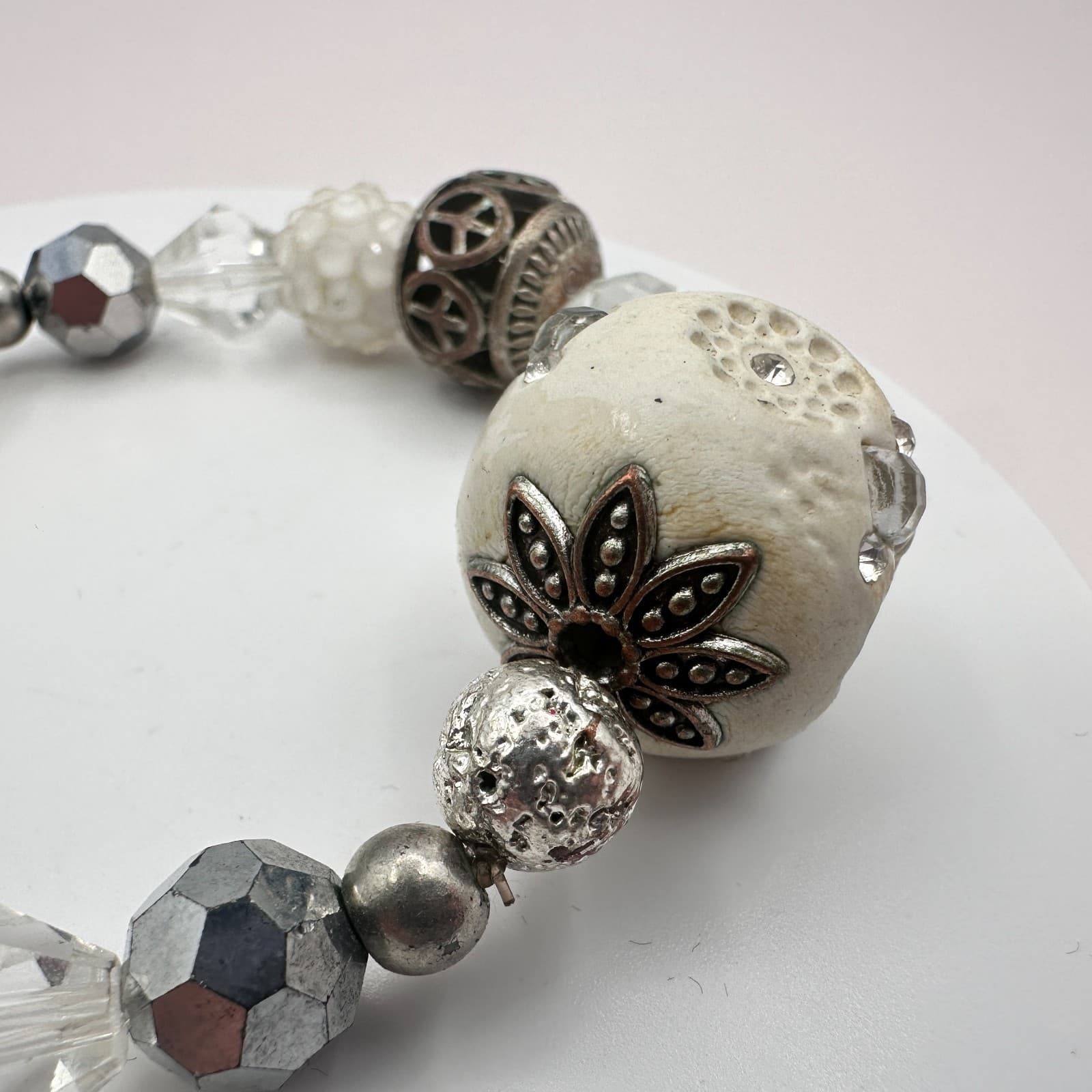Vintage 90s Y2K Clear Rhinestone Peace Sign Beaded Bracelet Boho Women's Jewelry - Thumbnail 4