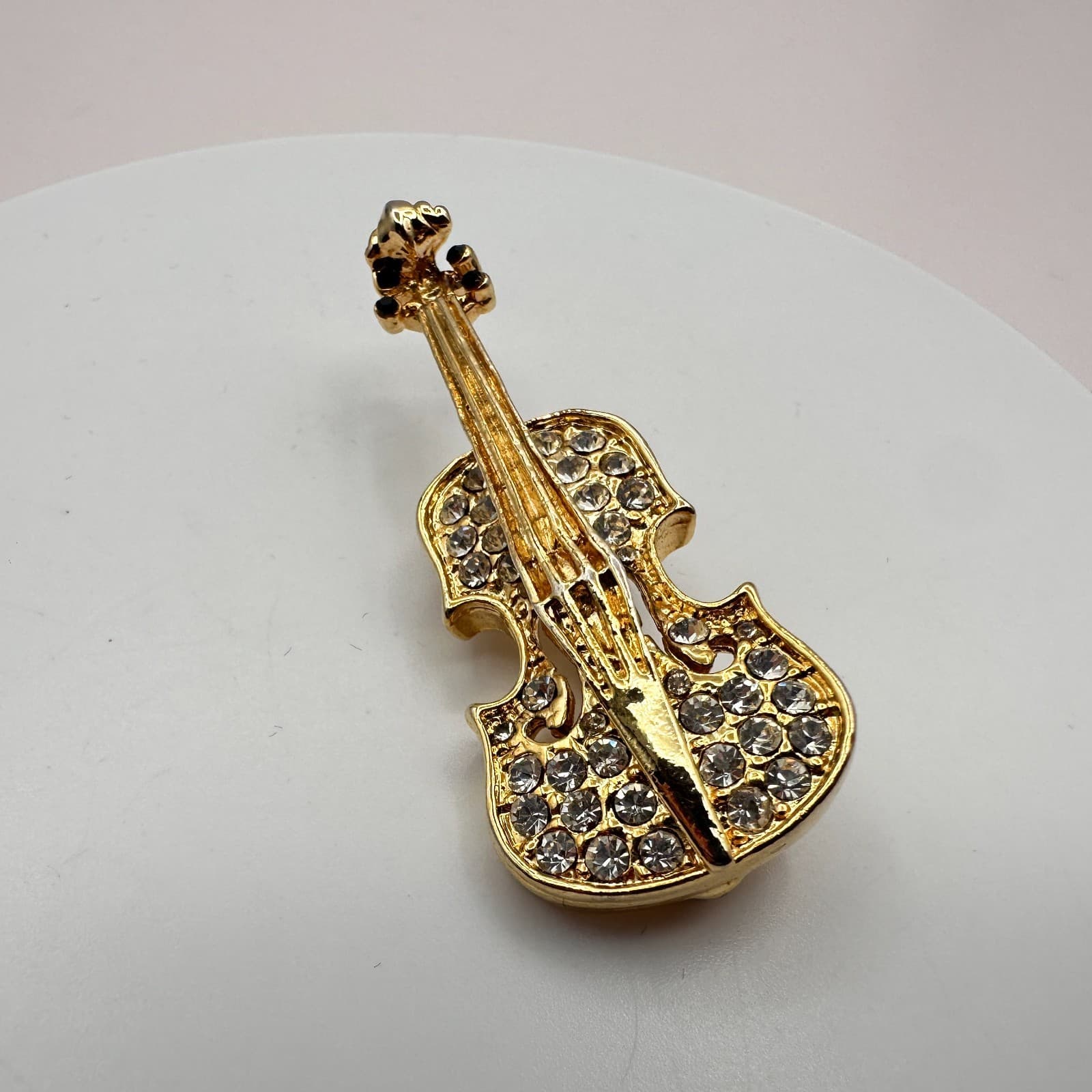 Vintage 90s Gold Tone Pave Clear Rhinestone Violin Musical Brooch Pin Jewelry - Thumbnail 3