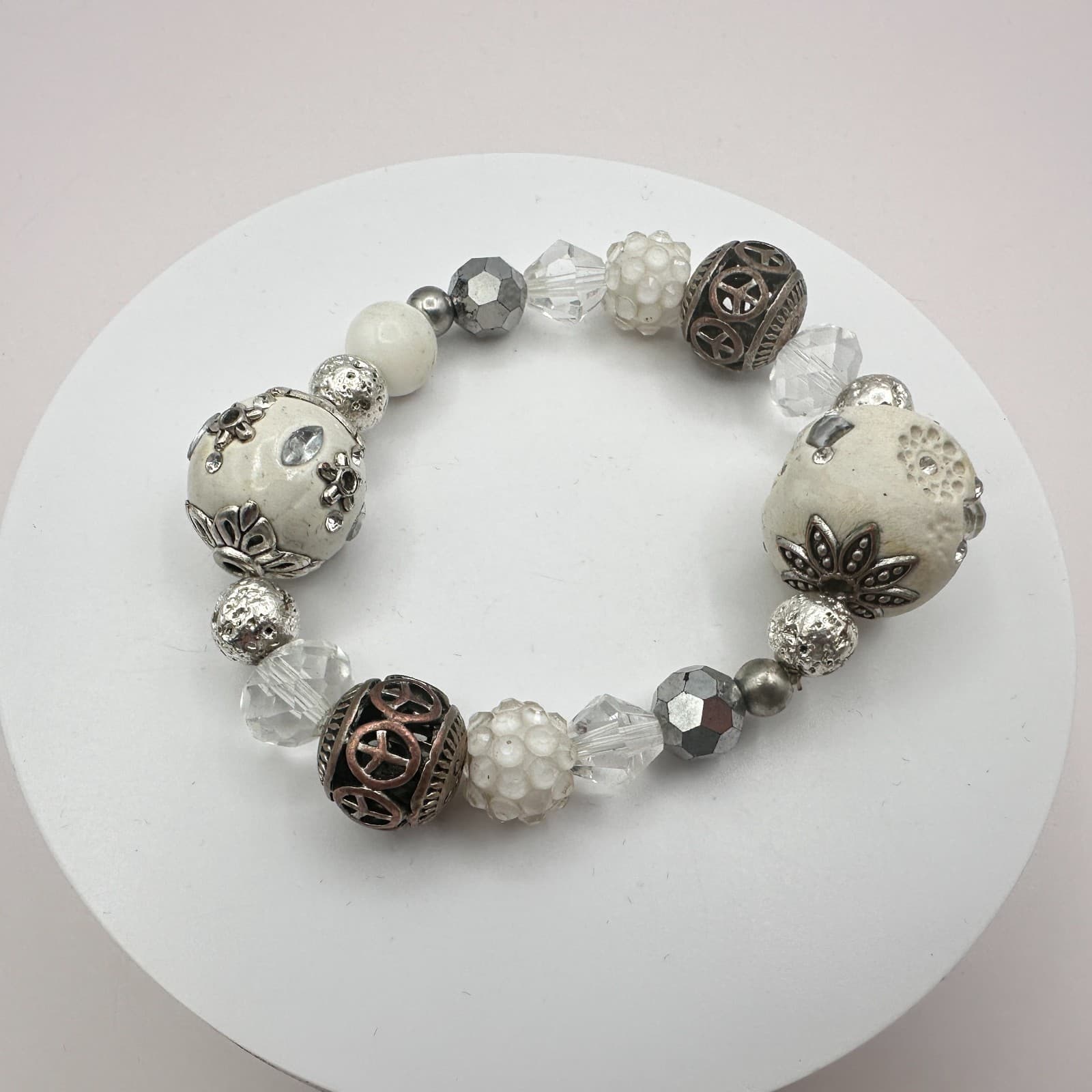 Vintage 90s Y2K Clear Rhinestone Peace Sign Beaded Bracelet Boho Women's Jewelry - Thumbnail 6