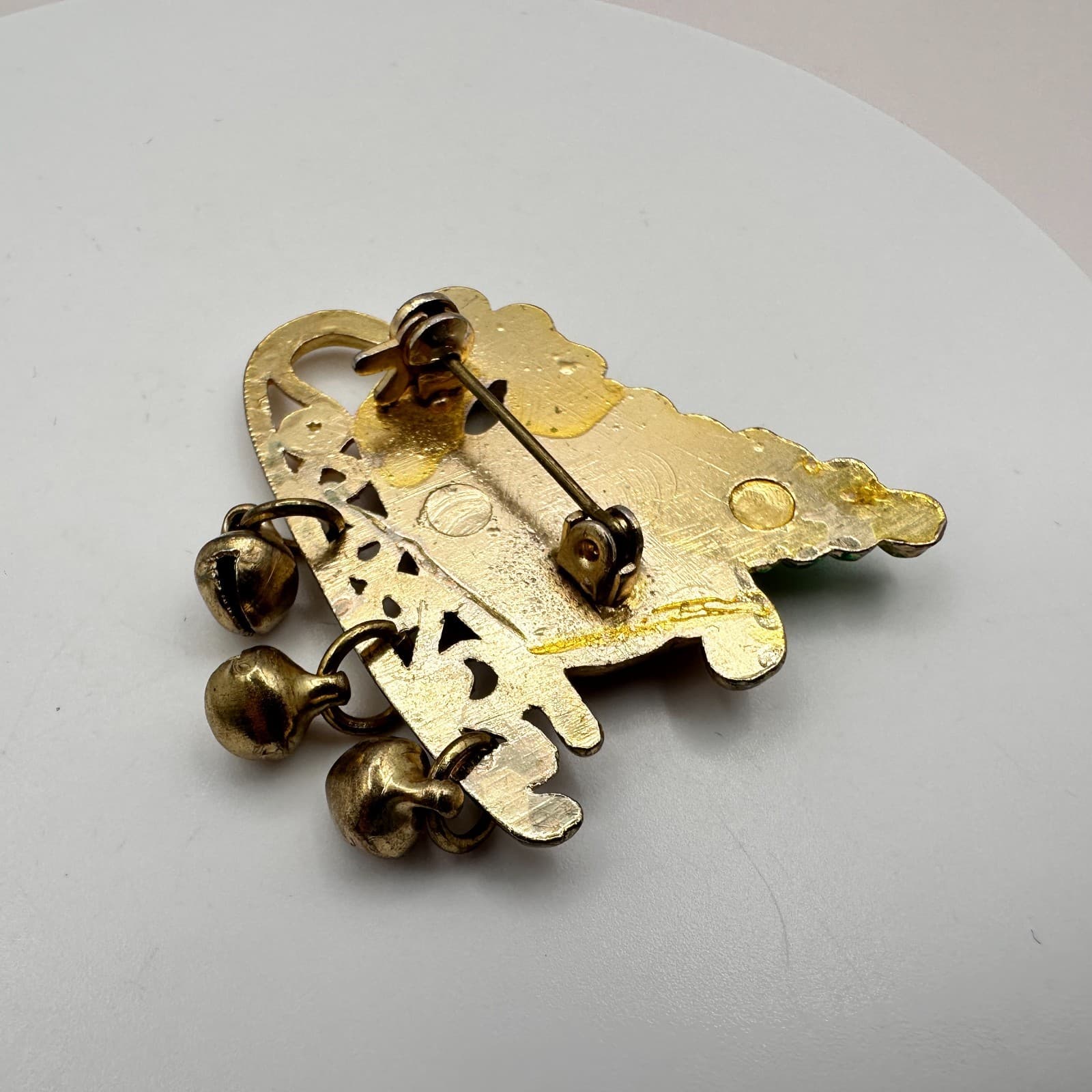 Vintage 90s Enamel Christmas Tree Brooch Jingle Bells Rhinestone Pin Jewelry - Thumbnail 5