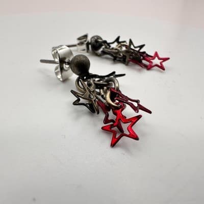 Vintage 90s Punk Silver & Red Hollow Star Cluster Dangle Stud Earrings Jewelry - Thumbnail 4