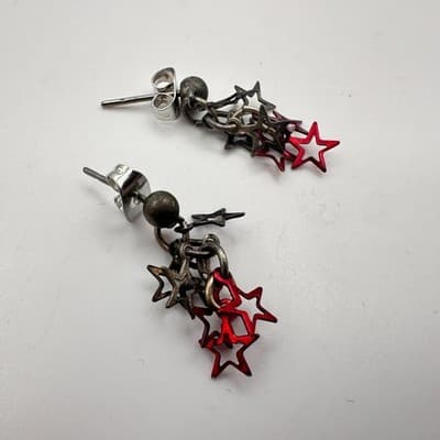 Vintage 90s Punk Silver & Red Hollow Star Cluster Dangle Stud Earrings Jewelry - Thumbnail 5