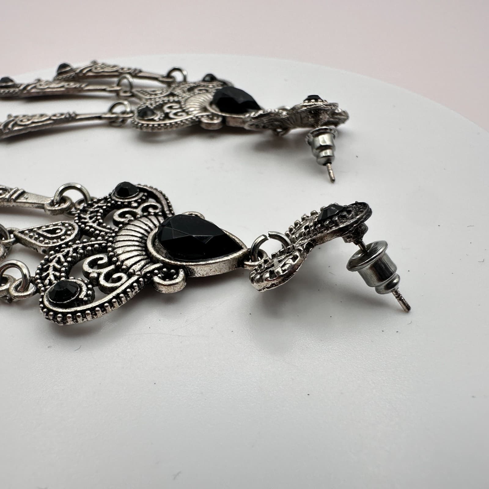 Vintage 90s Silver Tone Chandelier Earrings Black Glass Drop Statement Jewelry - Thumbnail 6